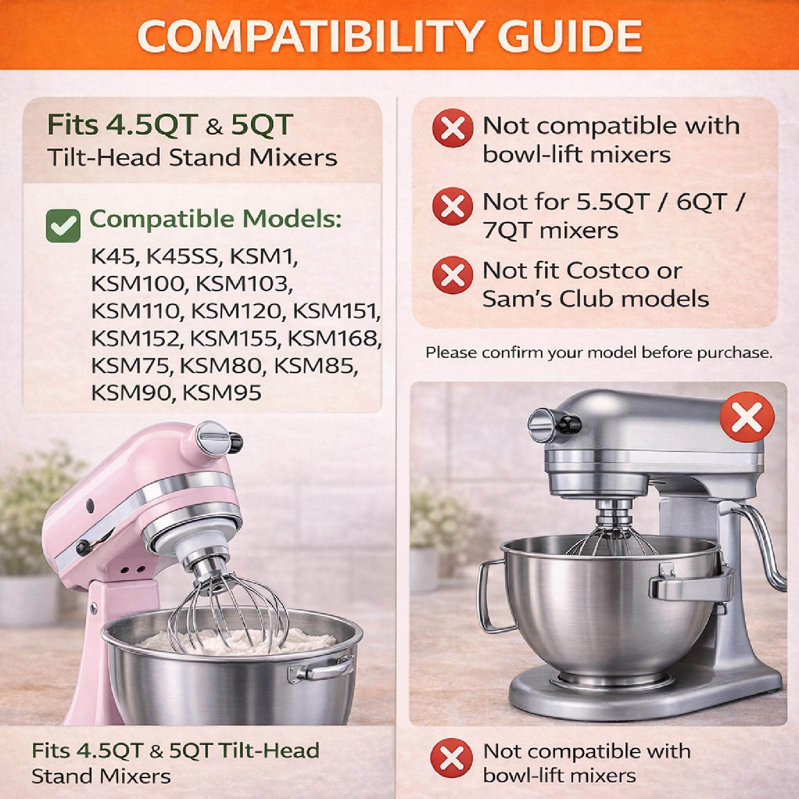 Poweka K45WW - Frusta in acciaio inox, compatibile con KitchenAid Robot pasticceria 4.5QT e 5QT Tilt-Head, per crema, albume d'uovo e pasta