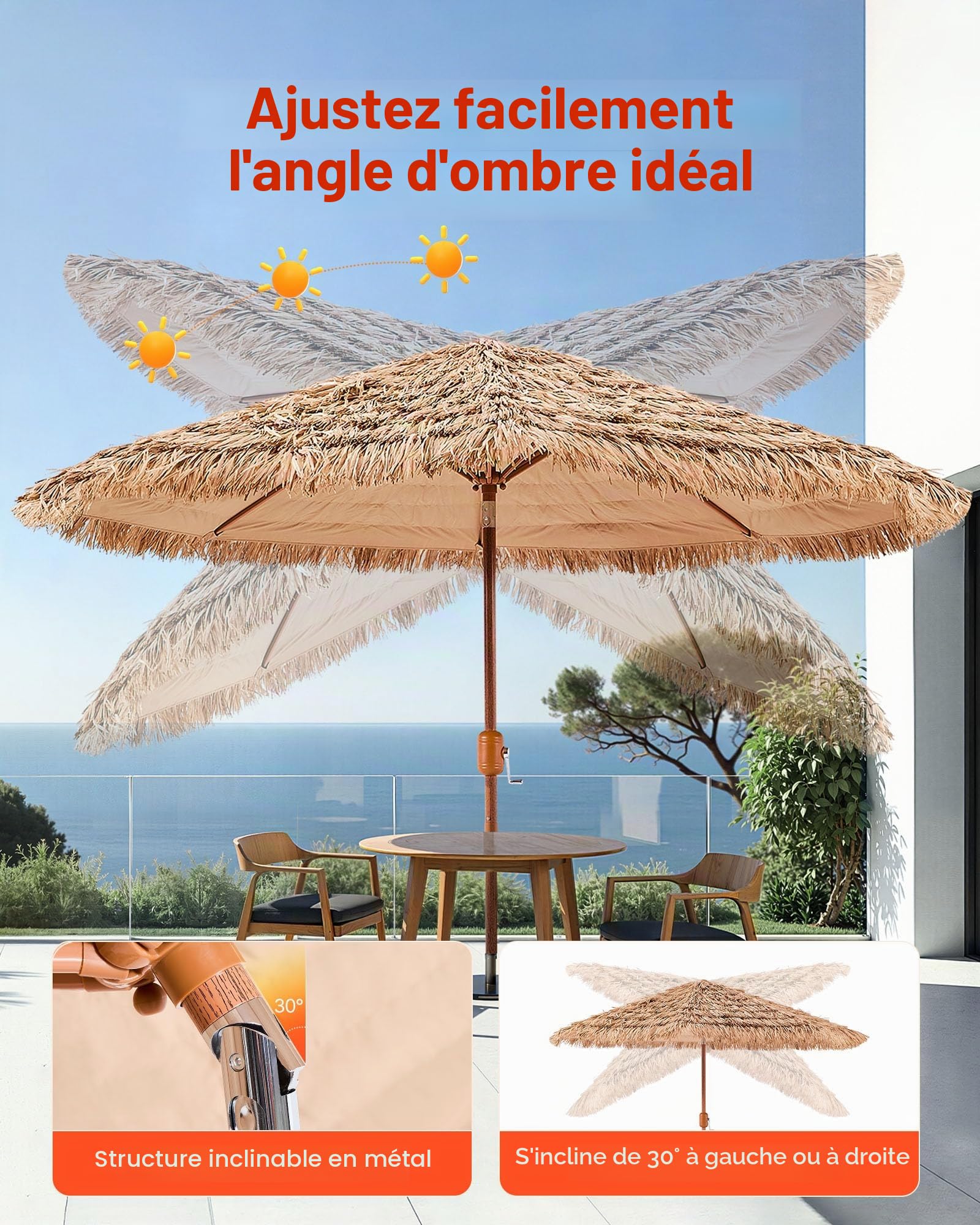 VEVOR Tiki – Parasol de terrasse inclinable, style hawaïen avec chaume en polypropylène durable, pour plage, terrasse, bord de piscine, arrière-cour et jardin