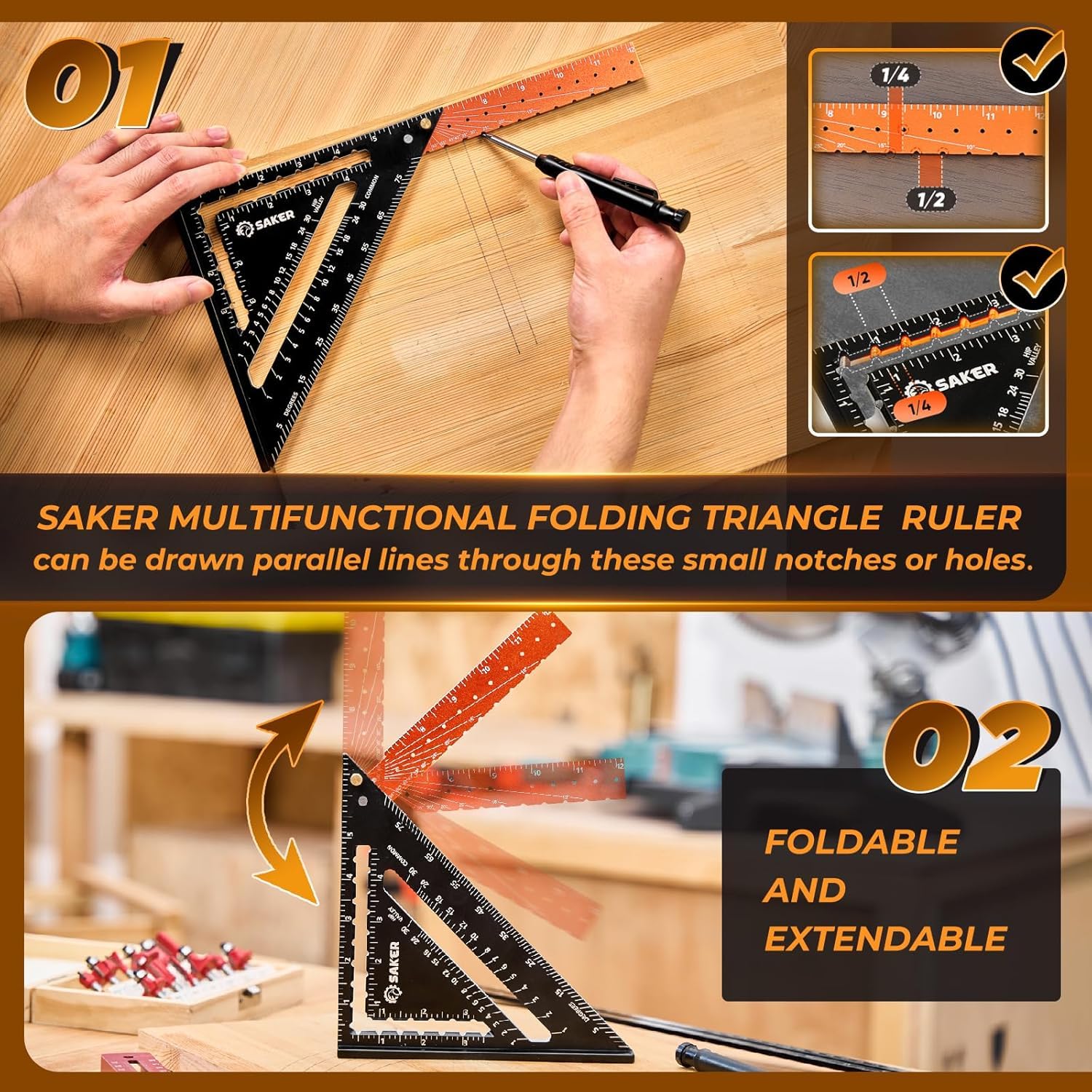 Saker Carpenrer Square Tool 12 inch and Contour Gauge (10 Inch) Profile Tool and Multi-Function Foldable Level