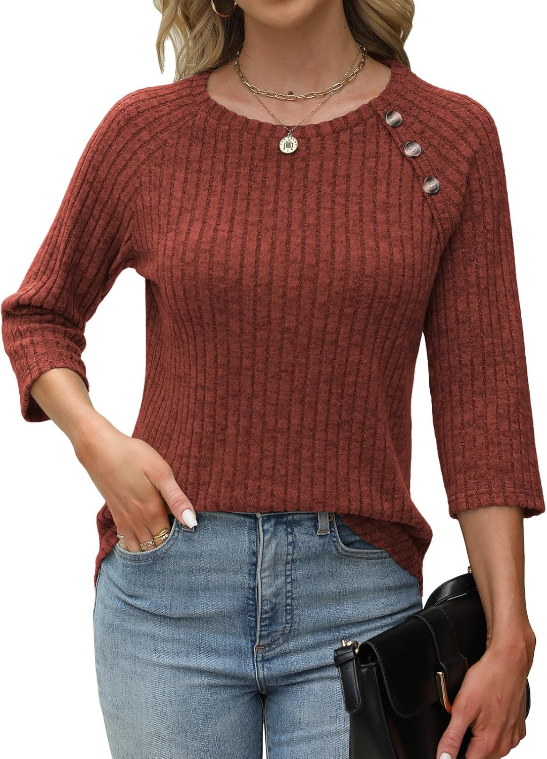 Womens Sweaters Fall Fashion 3/4 Length Sleeve Tops Crew Neck Button Shirts Casual Pullover Cute Winter Clothes - Image 2
