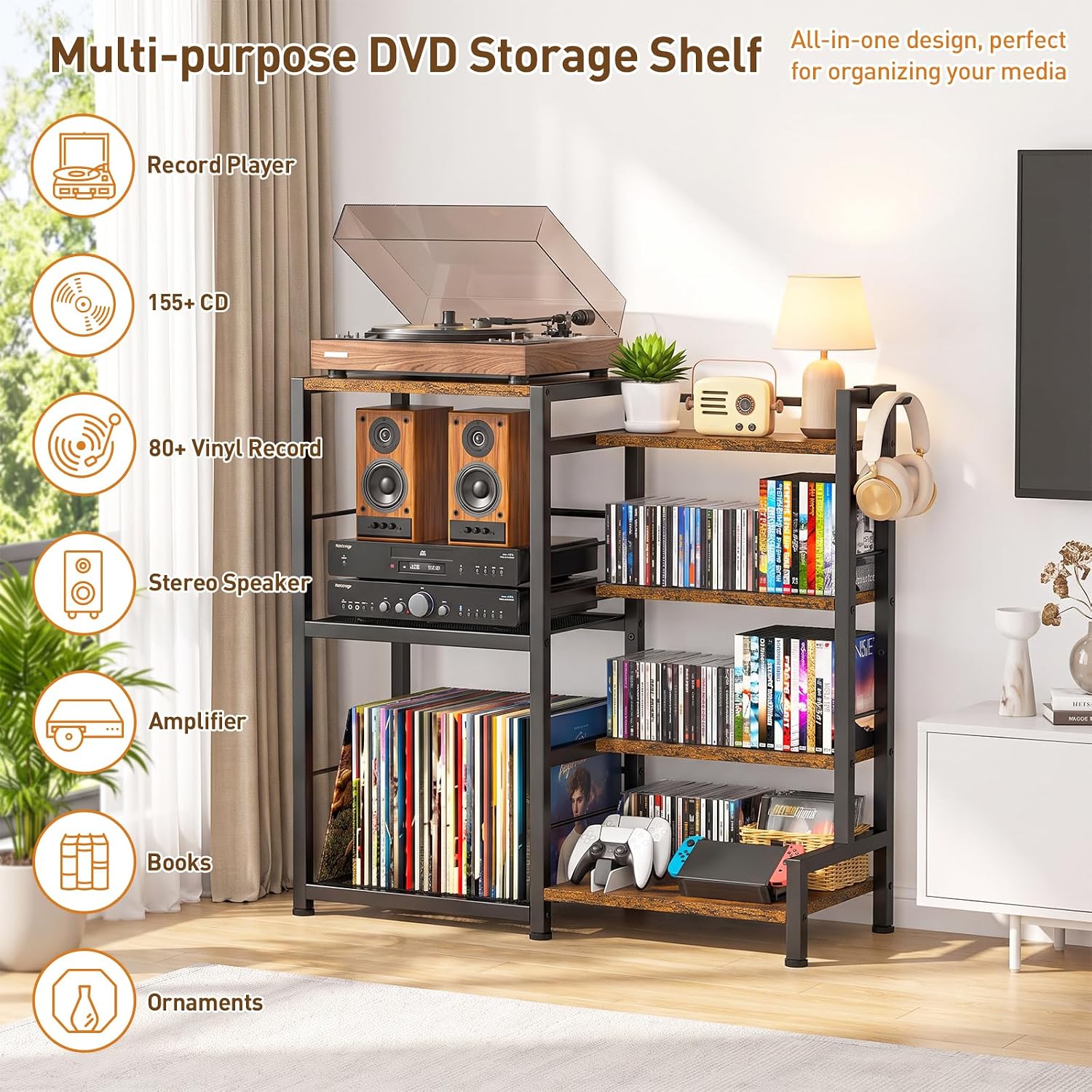 ikkle CD Storage Rack, 7-Tier DVD Storage Shelf Tower, Rustic Brown