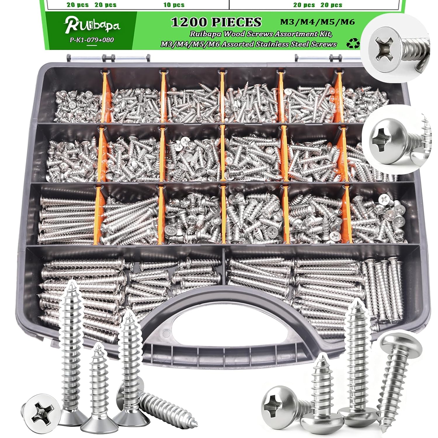 1200 PCS Stainless Steel Wood Screws Assortment Kit,Self Tapping Screws M3/M4/M5/M6 Screws Assortment Kit,1200Pcs(605pcs Round Head & 595pcs Flat Head) Sheet Metal Screws Assorted