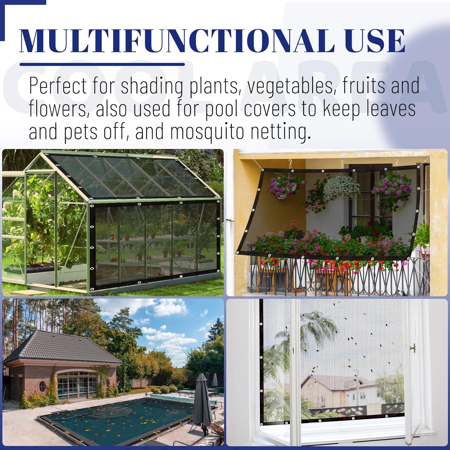 Cool Area 60-70% Sun Shade Cloth 10x12FT Mesh Tarp with Grommets Patio Screen Mesh for Canopy Garden Porch Greenhouse Pools Dump Truck Dog Kennel Black