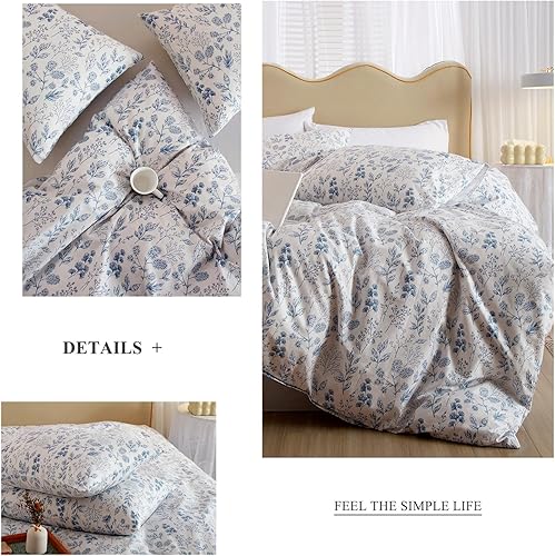 Miniatura 6 de mixinni - Juego de edredón floral de 3 piezas, matrimonial, diseño botánico de flores azules y hojas sobre blanco, 1 edredón suave estilo pastoral y
