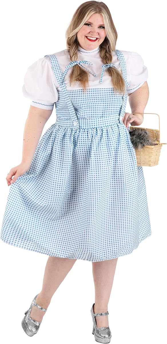 Plus Size Wizard of Oz Dorothy Costume, Blue Gingham Dress, Blouse & Hair Ribbons - Officially Licensed