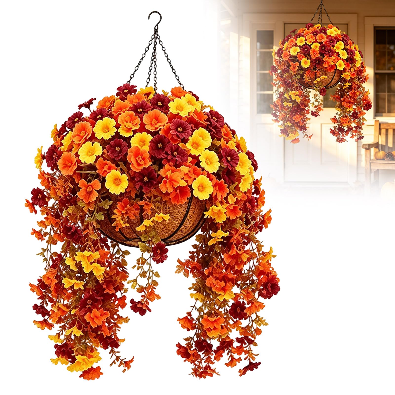 Artificial Mums Fall Hanging Flower Basket Set with Cascading Faux Flowers - Autumn Fake Floral Planter with Hanging Chain, Lifelike Decor for Outdoor Porch Patio Thanksgiving Harvest