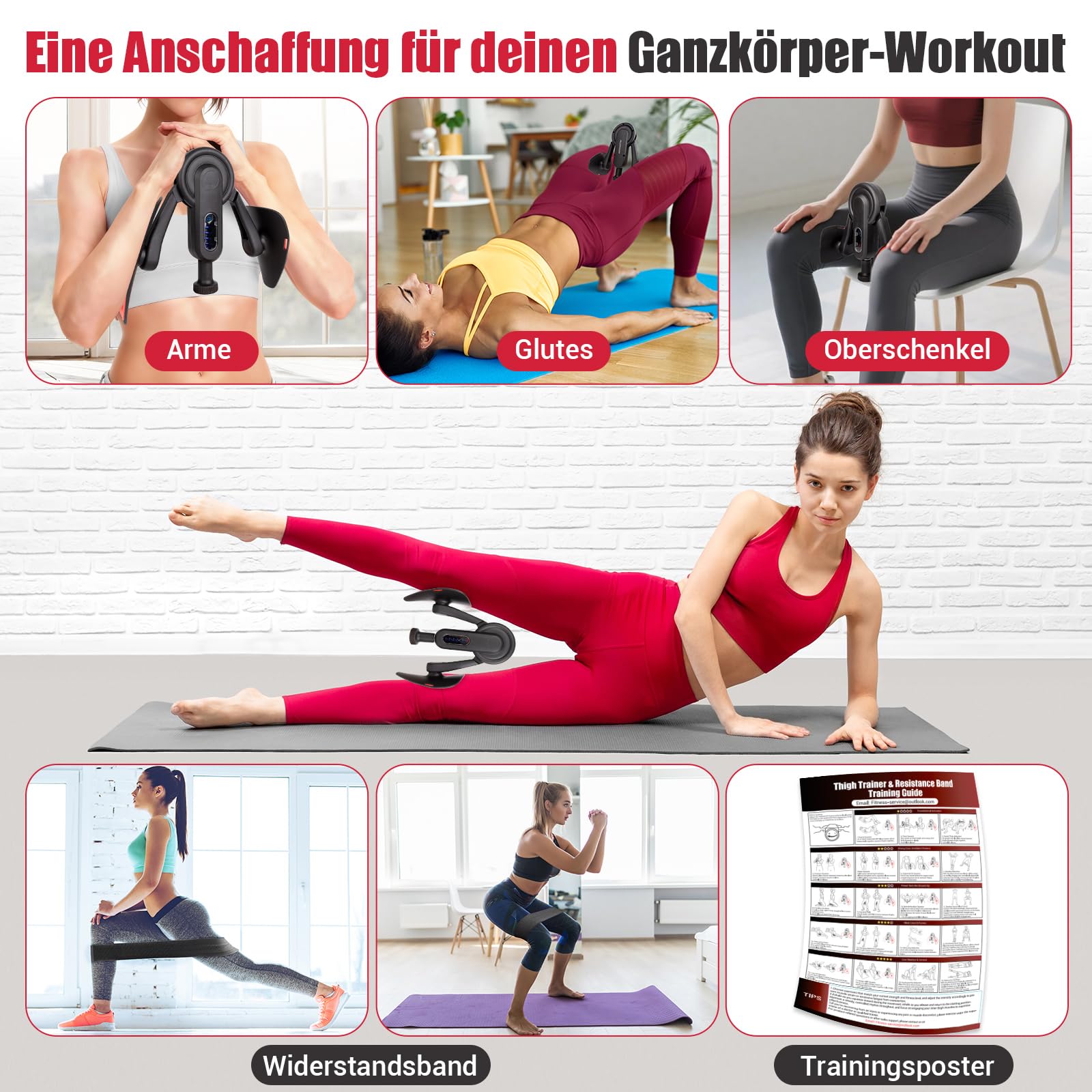 Oberschenkeltrainer, 10-100 lbs Beintrainer für Zuhause mit Widerstandsbändern & Trainingsposter, Multifunktionaler Beckenbodentrainer für Frauen & Männer, Adduktoren & Abduktoren Trainingsgerät