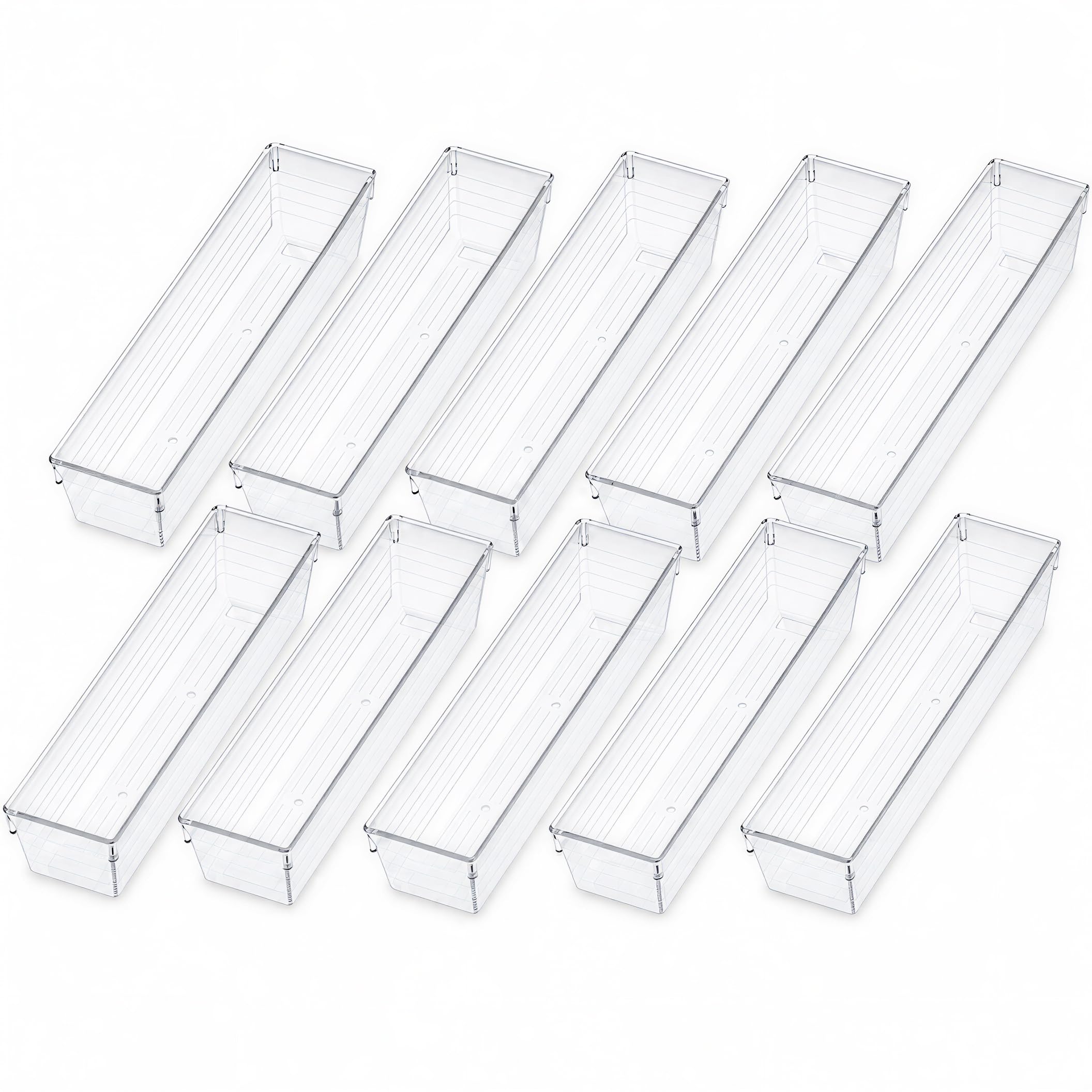 Kingrol 10 Pack Clear Drawer Organizer Trays, 12 x 3 x 2 Inch Desk Drawer Divider Storage Bins, Storage Box Set for Kitchen Bathroom Office Supplies