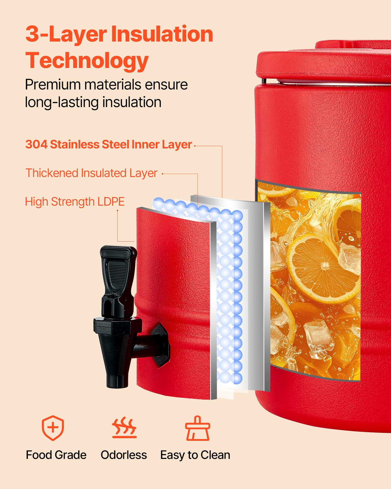 VEVOR Distributeur de Boissons Isotherme 30 L, Fontaine à Eau Chaude et Froide Non Électrique, Intérieur Inox 304, Rouge