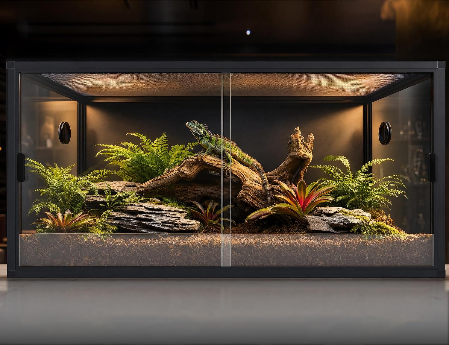 120 Gallon Reptile Tank, 4x2x2 Reptile Enclosure for Bearded Dragon, Snake, Ball Python & Chameleon, Aluminum Alloy Reptile Terrariums Cage with Front Sliding Tempered Glass Doors Dark Black