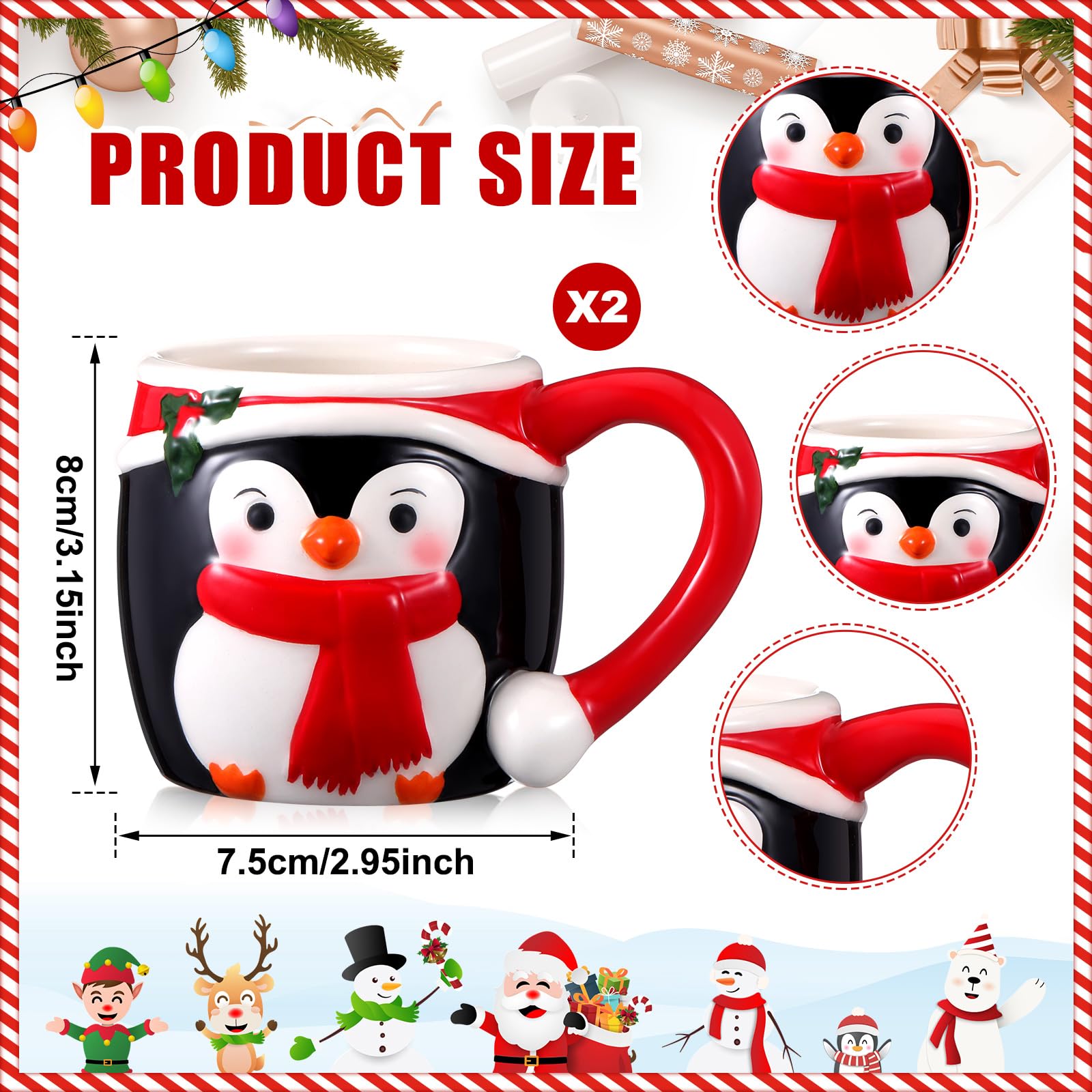 Weihnachtstassen-Set aus Keramik, Pinguin, 325 ml, rot, weiß und schwarz, Pinguin, Kaffeetasse für Weihnachten, Winterferien, Partyzubehör, 6-teilig