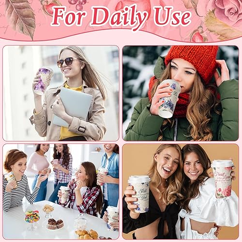 Miniatura 5 de Dandat 100 tazas de café cristianas florales con tapas, tazas de té florales de papel de 16 onzas, vasos desechables a granel con versículos