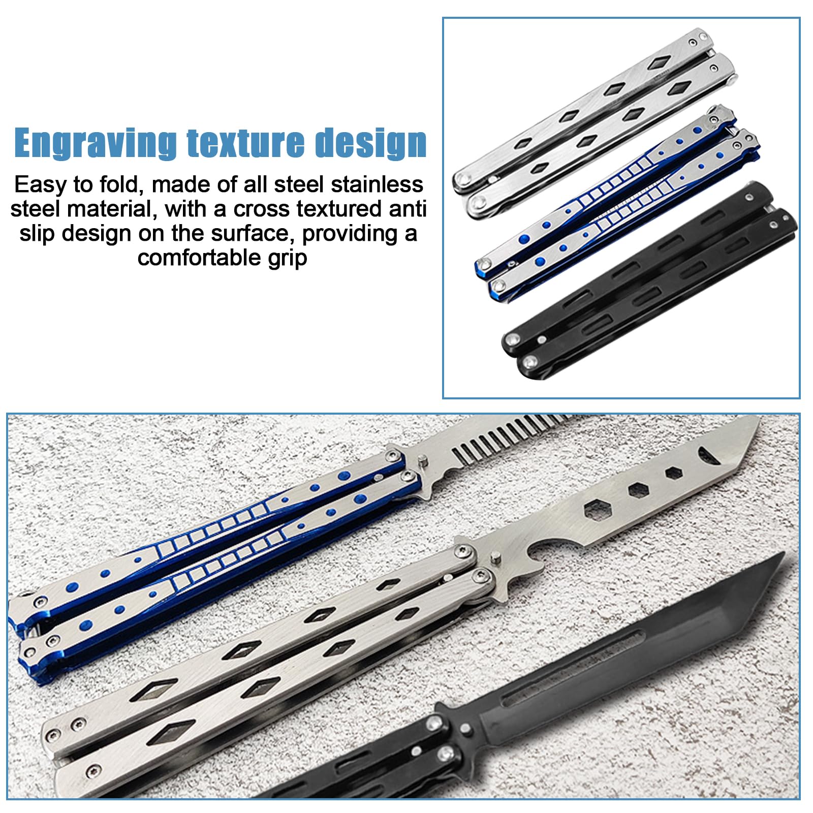 Navaja mariposa entrenamiento acero inoxidable hoja desafilada 3 unidades principiantes trucos plata negro azul