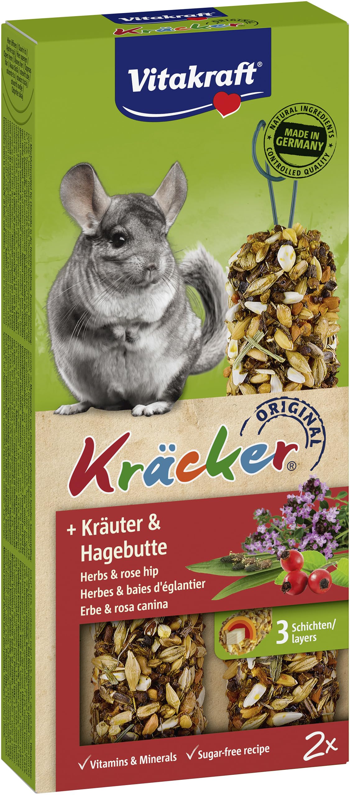 Vitakraft Kräcker, Knabberstangen, Nagersnack, für Chinchillas, zur Zahnpflege, mit Kräutern, mit Hagebutte, ohne Zusatz von Zucker und Getreide (10x 112g)