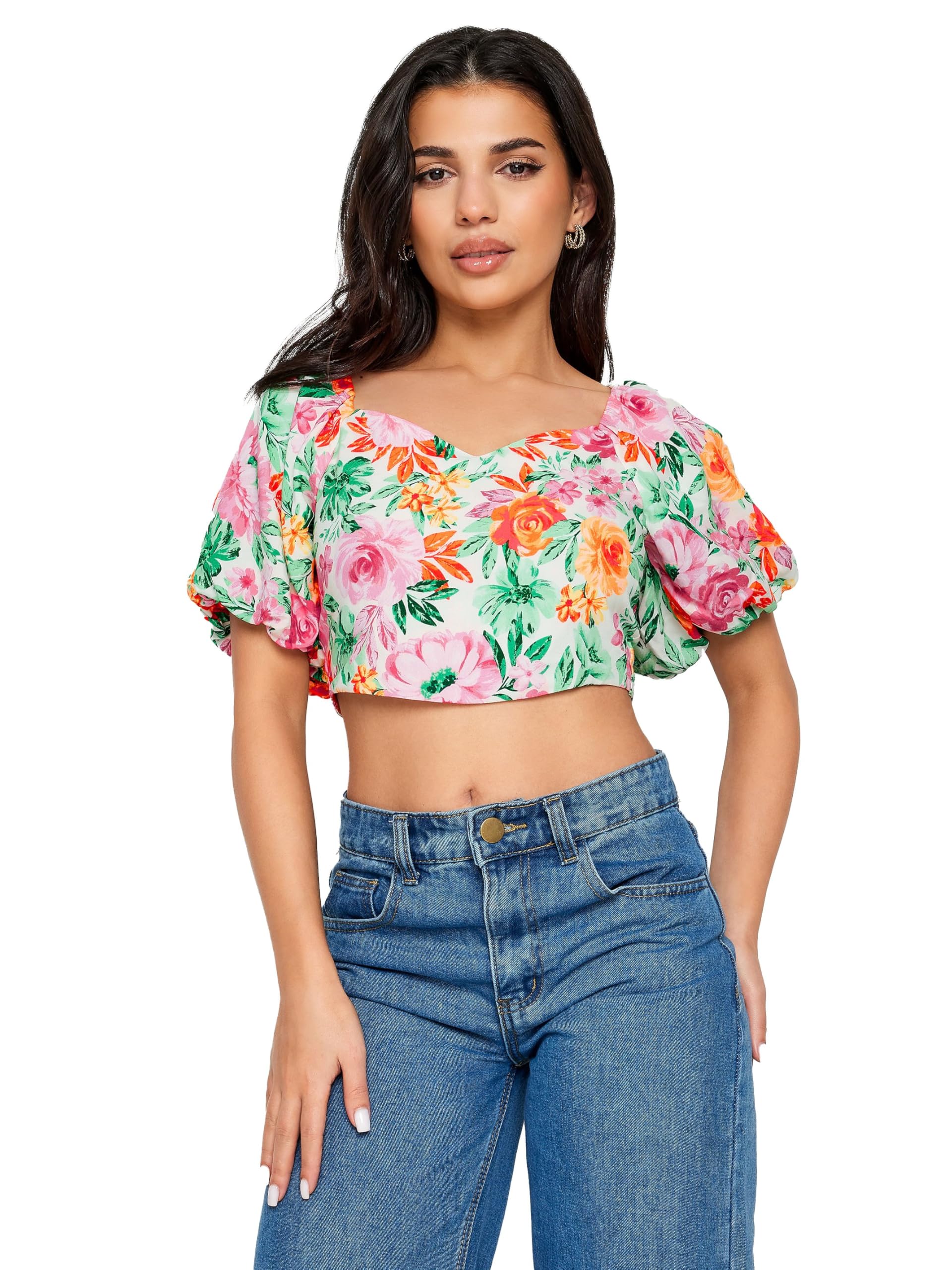 Pixiegirl Women's White Petite Floral Print Puff Sleeve Crop Top In | Size: 12