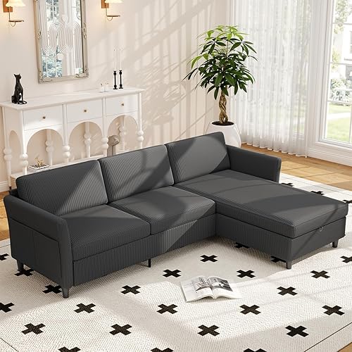 102.7" Convertible Corduroy Sectional Sofa, L-Shaped Couch with Reversible Storage Chaise & Side Pocket, 3-Seater Sofa for Apartment & Office – Grey