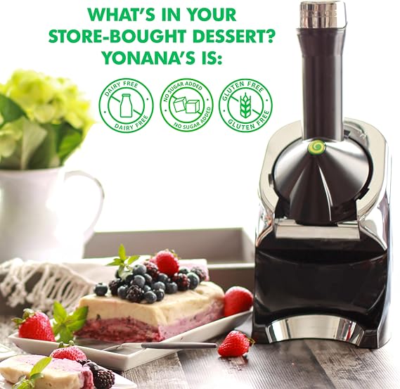 Yonanas Deluxe Frozen Fruit Soft Serve Dessert Maker, Vegan and Dairy-Free Treats with No Added Sugar, Easy Push Button Operation, Includes 75 Recipe Booklet, Dishwasher Safe Parts, in Black
