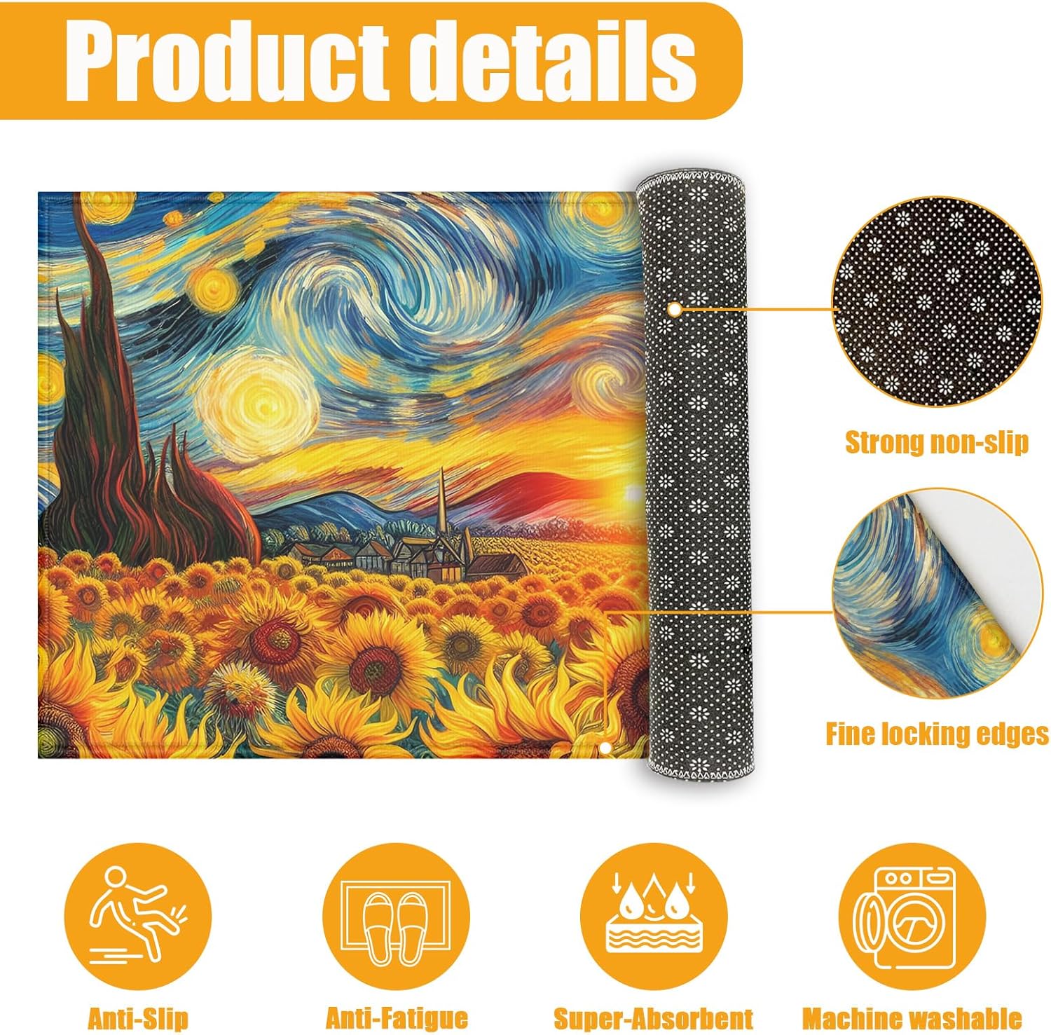 Sunflower Starry Night Bath Mat for Bathroom,Van Gogh Washable Door Mat Absorbent Bath Rug Non-Slip Floor Rug Carpets,for Kitchen Bedroom Indoor