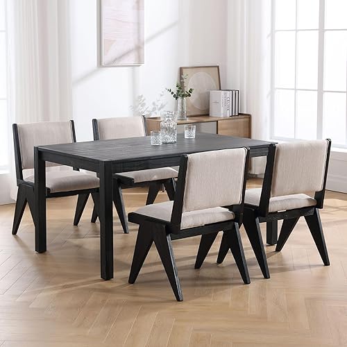 Vista 17 de Juego de 2 sillas de comedor modernas de mediados de siglo tapizadas de lino con patas de madera negra, sillas laterales sin brazos con respaldo