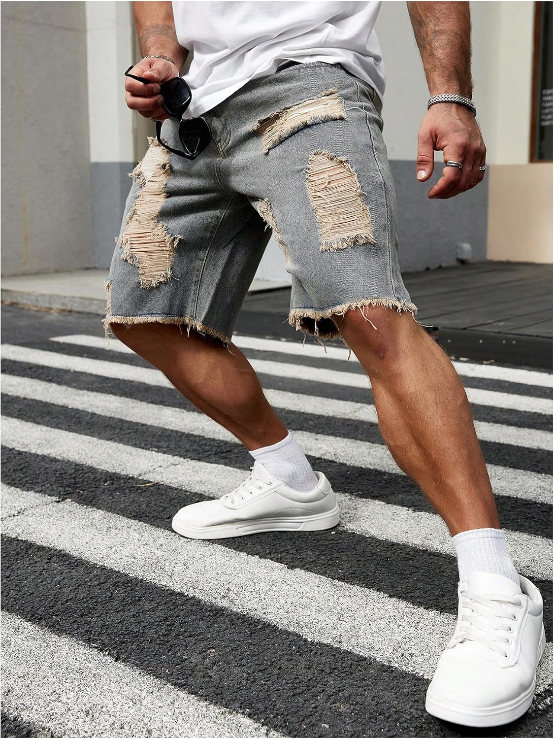 MakeMeChic Men's Ripped Jean Shorts Distressed Trim Wide Leg Hip Hop Y2K Cargo Summer Denim Jorts