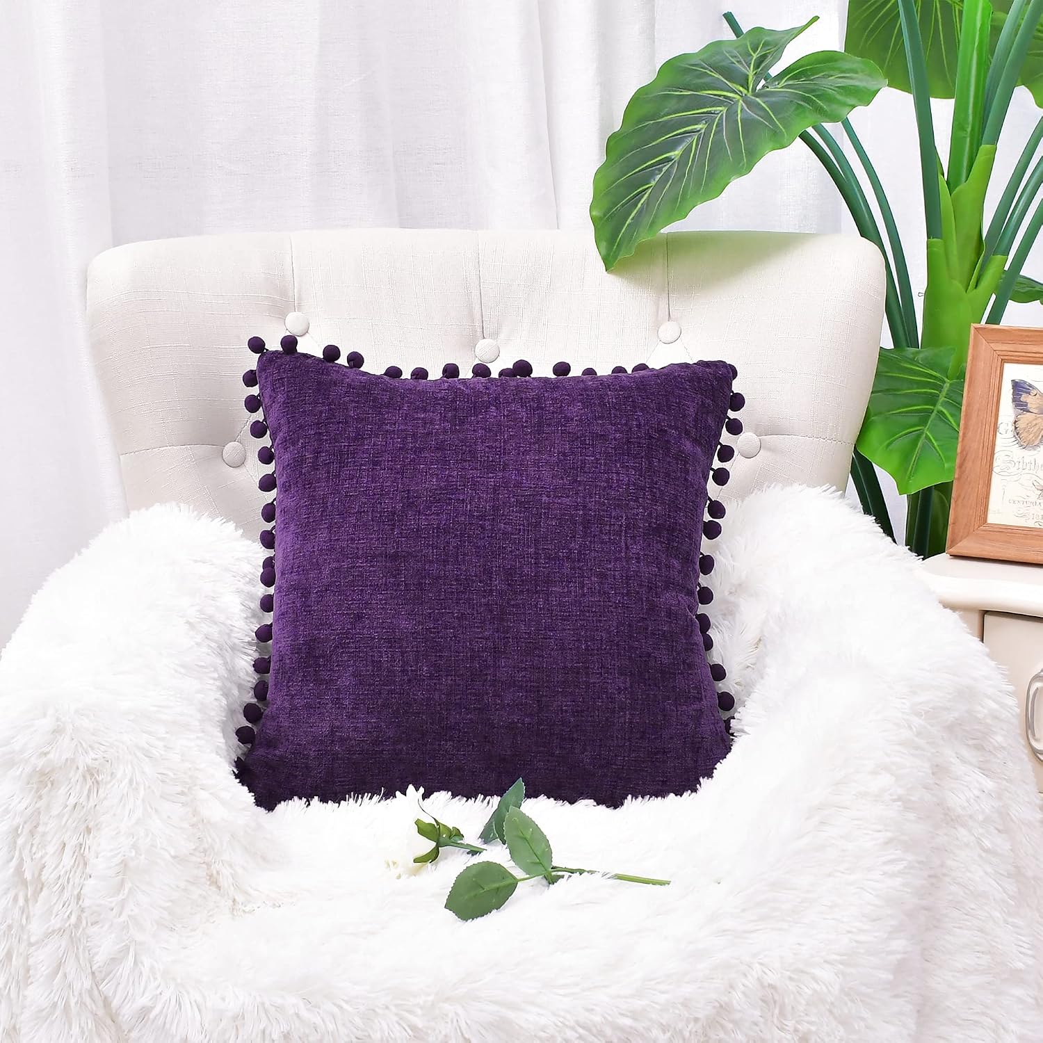 CaliTime Pillow Cases Pack of 2 Cozy Solid Dyed Soft Chenille Cushion Covers with Pom Poms for Couch Sofa Home Decoration 55cm x 55cm Purple - Image 4