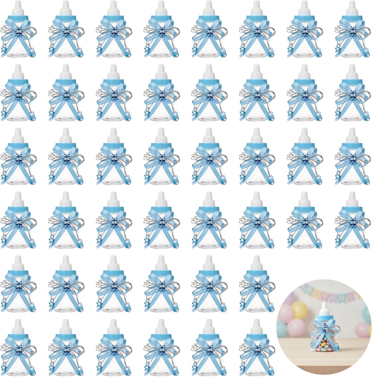 Blue Mini Milk Bottles, 48 Pack, for Party Favors, Plastic Bottles with Bow and Footprints, 3.54 X 1.57 in