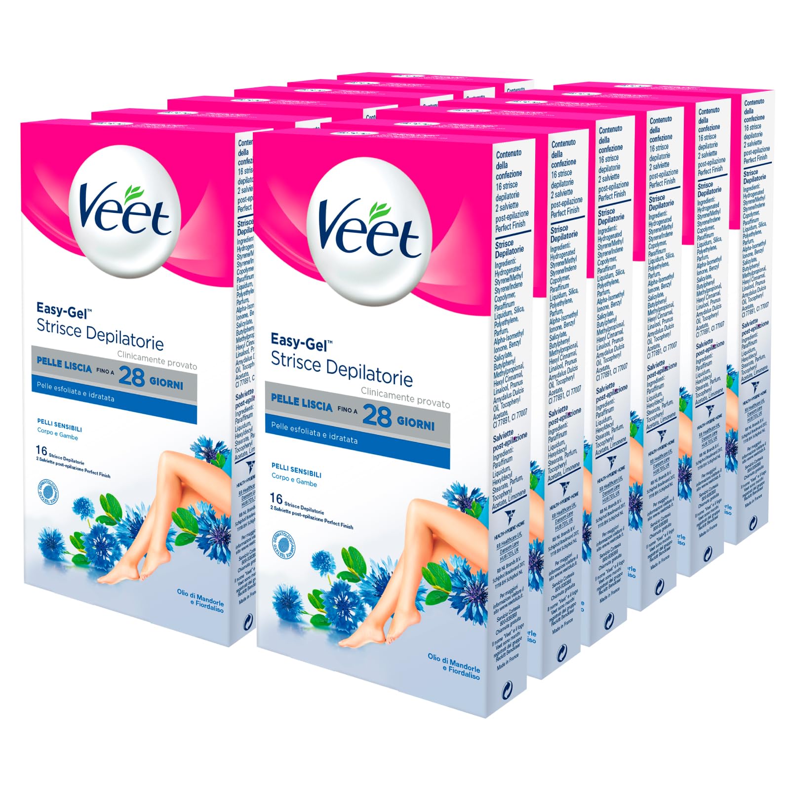 Veet Easy Gel Strisce Depilatorie Corpo e Gambe Per Pelli Sensibili Pelle Liscia Fino a 28 Giorni Azione Esfoliante Idratante con Salviette Post Epilazione - 12 Confezioni da 16 Strisce e 2 Salviette