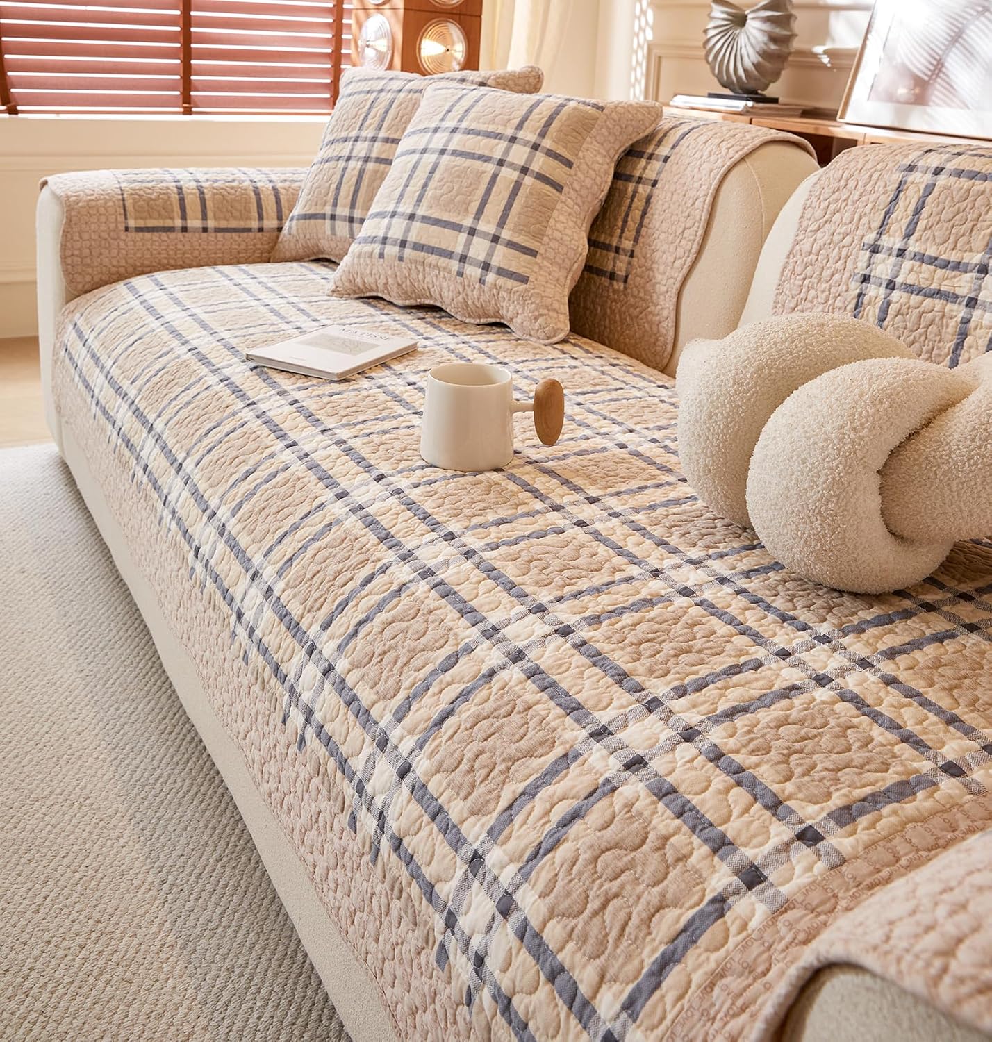 Scottish Tartan Plaid Sofa Cover Cotton Farmhouse Checkered Quilted Sectional Couch Covers Soft Non Slip Sofa Slipcover Washable Furniture Protector for Living Room (Coffee,28"x28")