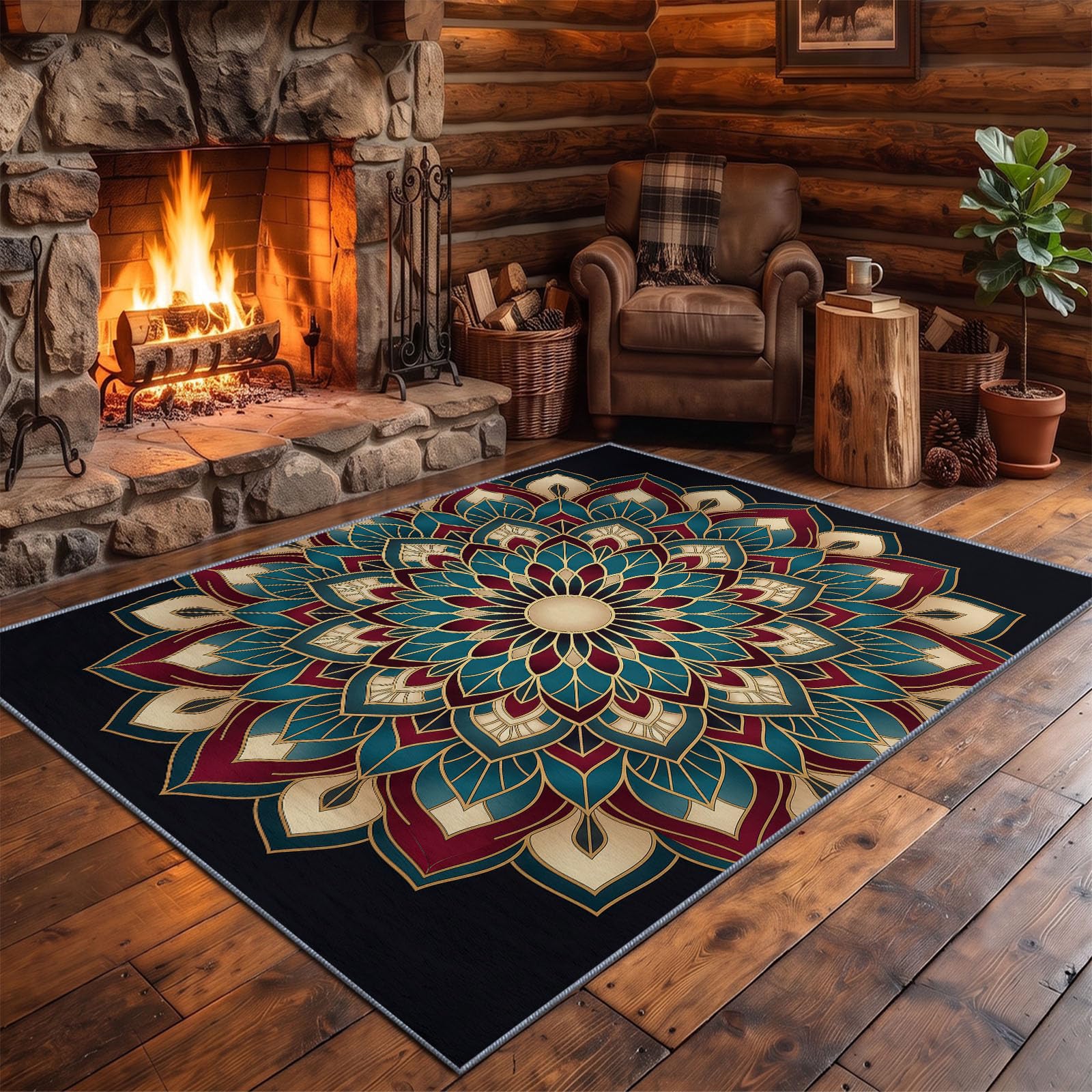 Générique Bohème Tapis de Salon Lavable en Machine 90 x 120 cm, Tapise antidérapant, Tapis de Chambre Style Luxe Fleurs Mandala pour Le Salon, l'entrée, la Chambre et la Cuisine, Noir