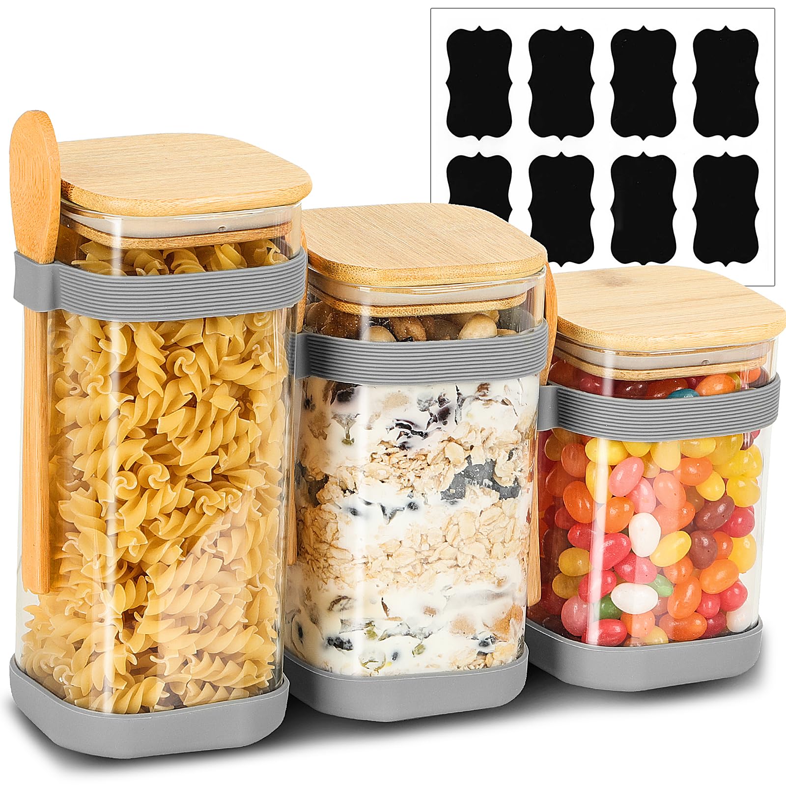 Vorratsdosen Glas 3er Set, 540/600/700ml Gewürzgläser mit Rutschfester Silikonhülle und 3 Holzlöffeln, Vorratsgläser Glasbehälter mit Deckel, Stapelbare Aufbewahrungsgläser Küche Vorratsdose Eckig