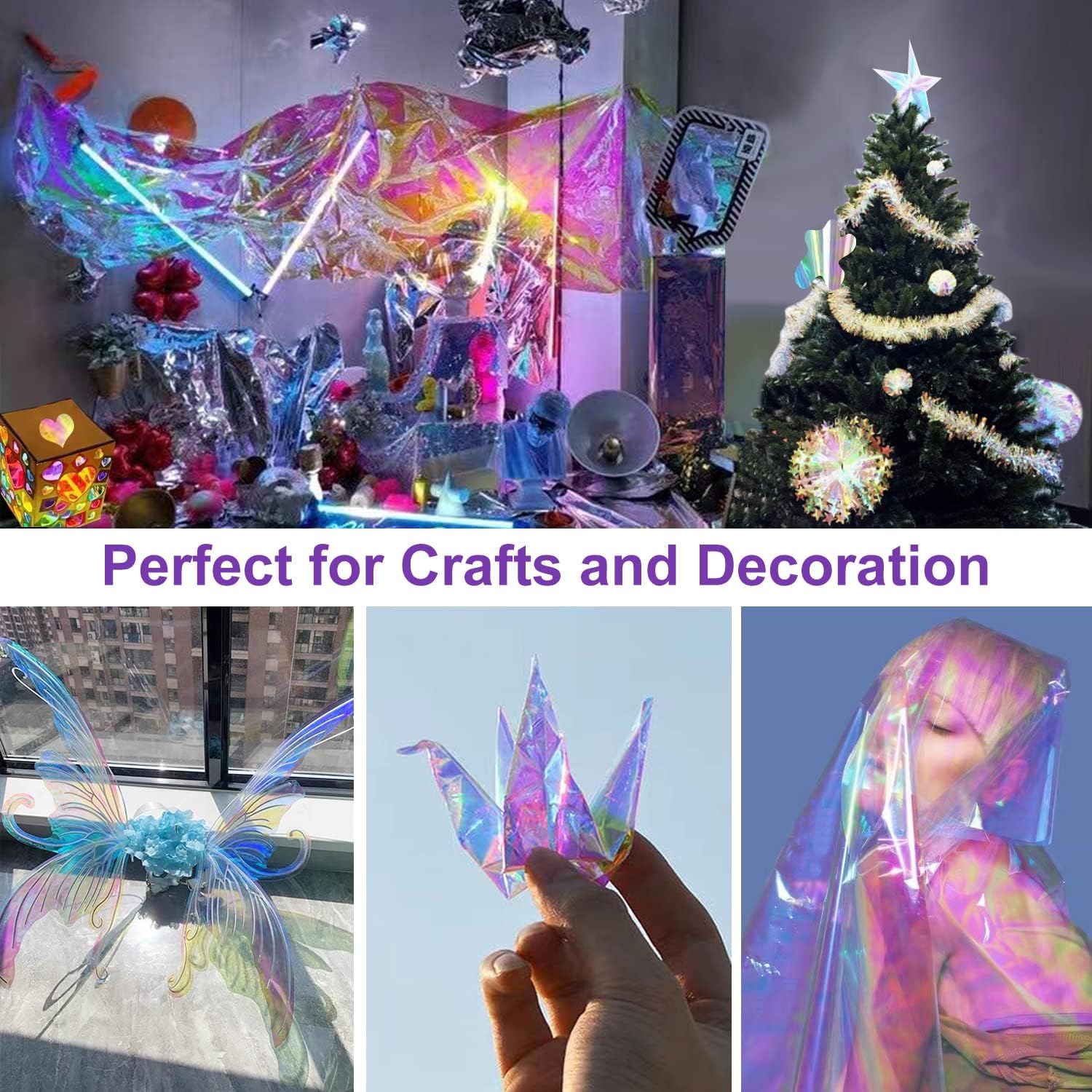 66 ft x 34 in Extra Wide Iridescent Cellophane Wrap Roll, Iridescent Film Cellophane Wrapping Paper Rainbow Colored Cellophane Wrap for Gift Baskets, Treats, Gifts, Flower, Crafts, Holiday, Christmas Decoration : Health & Household