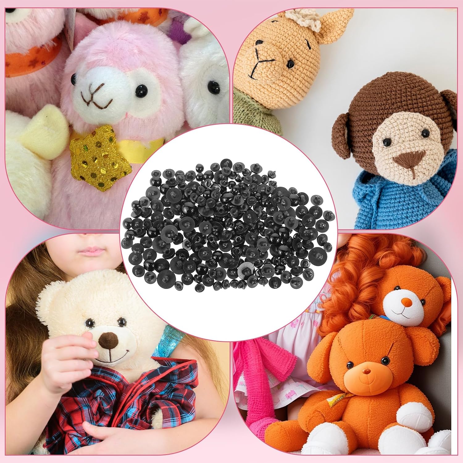 JJUNW 320PCs Safety Eyes for Crocheting, Round Black Hand-Sewn Mushroom Buttons Sewing Crafting Eyes for Crochet Toy, Stuffed Doll and Plush Animal (6 Sizes)