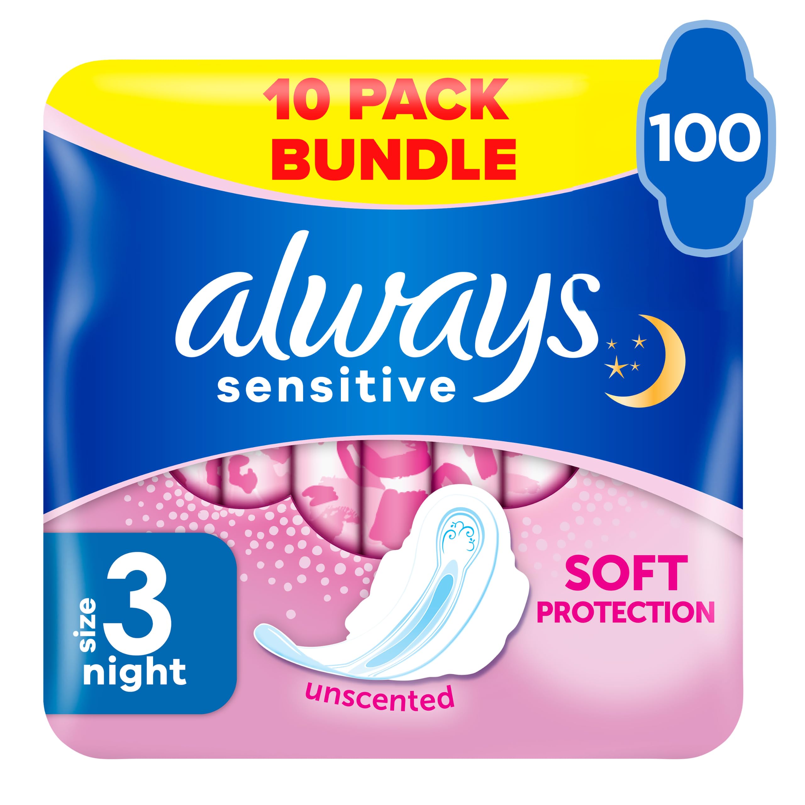 Always Sanitary Towels Sensitive Night Size 3 Wings (10 X 10 Pack)