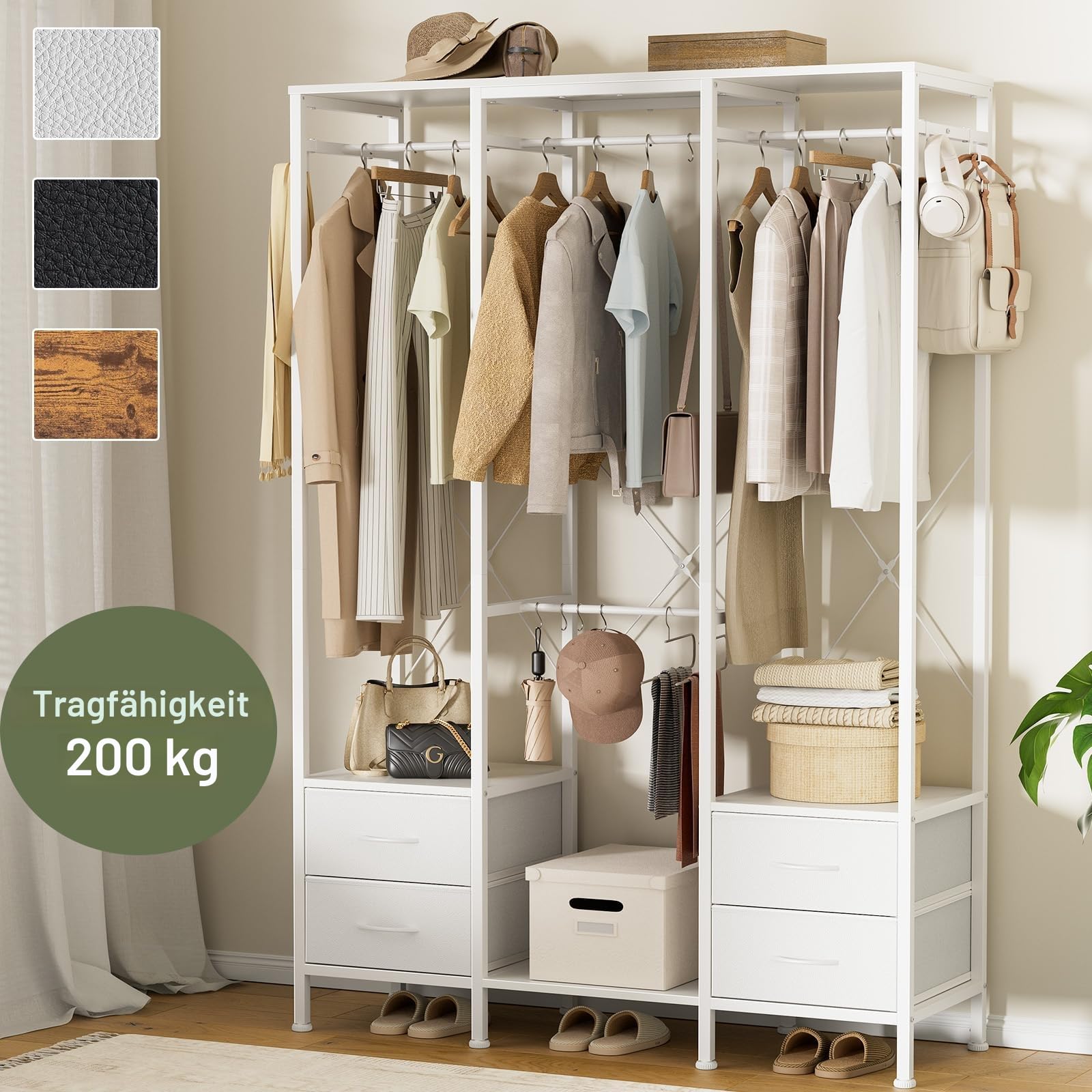 Schlafzimmer Kleiderschrank, Stoffschubladen & Hängeregale， Weiß