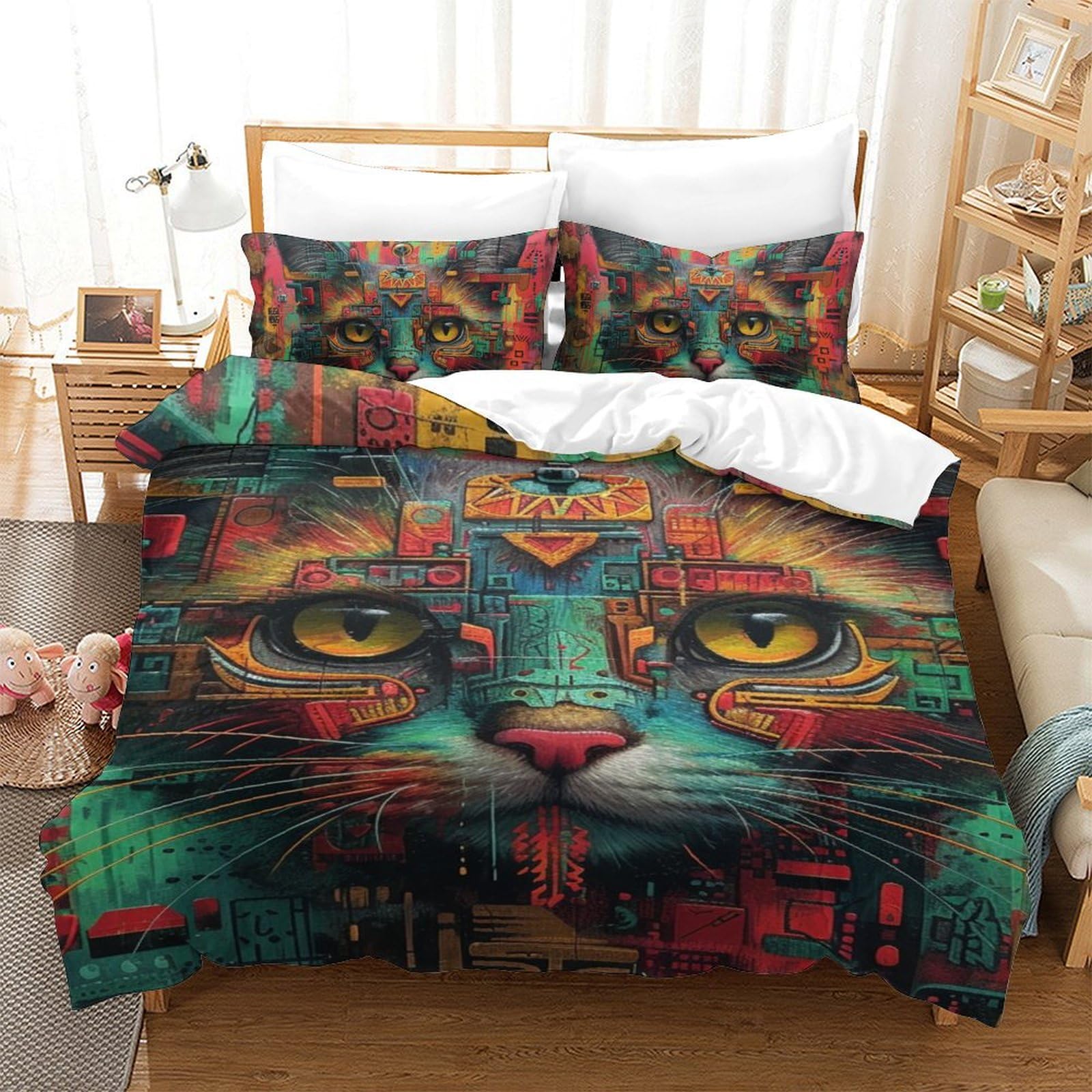 Parure de lit housse de couette chat 3D microfibre 140x200 linge de lit fermeture éclair ado single