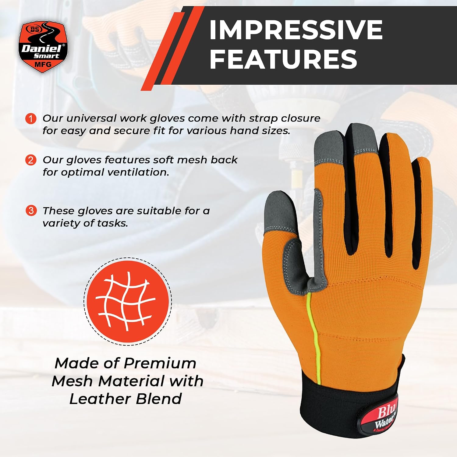 Daniel Smart All-Purpose Work Glove Mesh Leather Protective Hand Gloves with Gel Palm Design Touchscreen Gloves with Maximum Grip & Comfort.