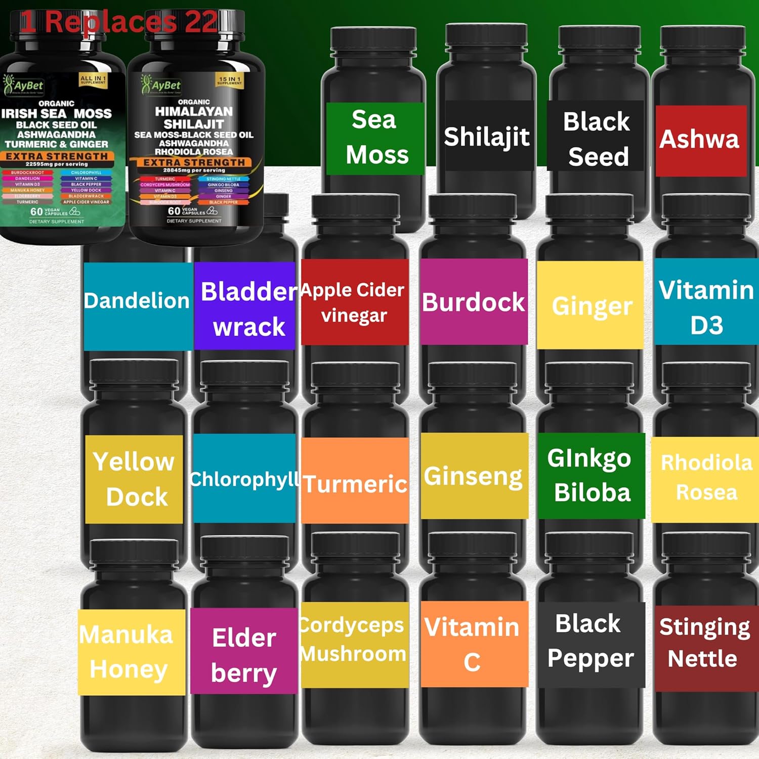 Sea Moss Shilajit Combo Bundle Capsule, Black Seed Oil, Ashwagandha, Rhodiola Rosea, Burdock, Turmeric, Ginger, VitC, VitD3, All in One Supplement, 120 Capsules, Halal, Vegan, USDA Organic - Image 4