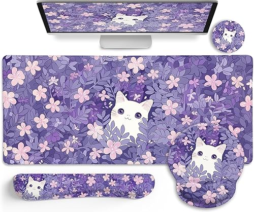 Miniatura 34 de Alfombrilla de escritorio con diseño de gato negro divertido, incluye alfombrilla para mouse grande para juegos con reposamuñecas, alfombrilla