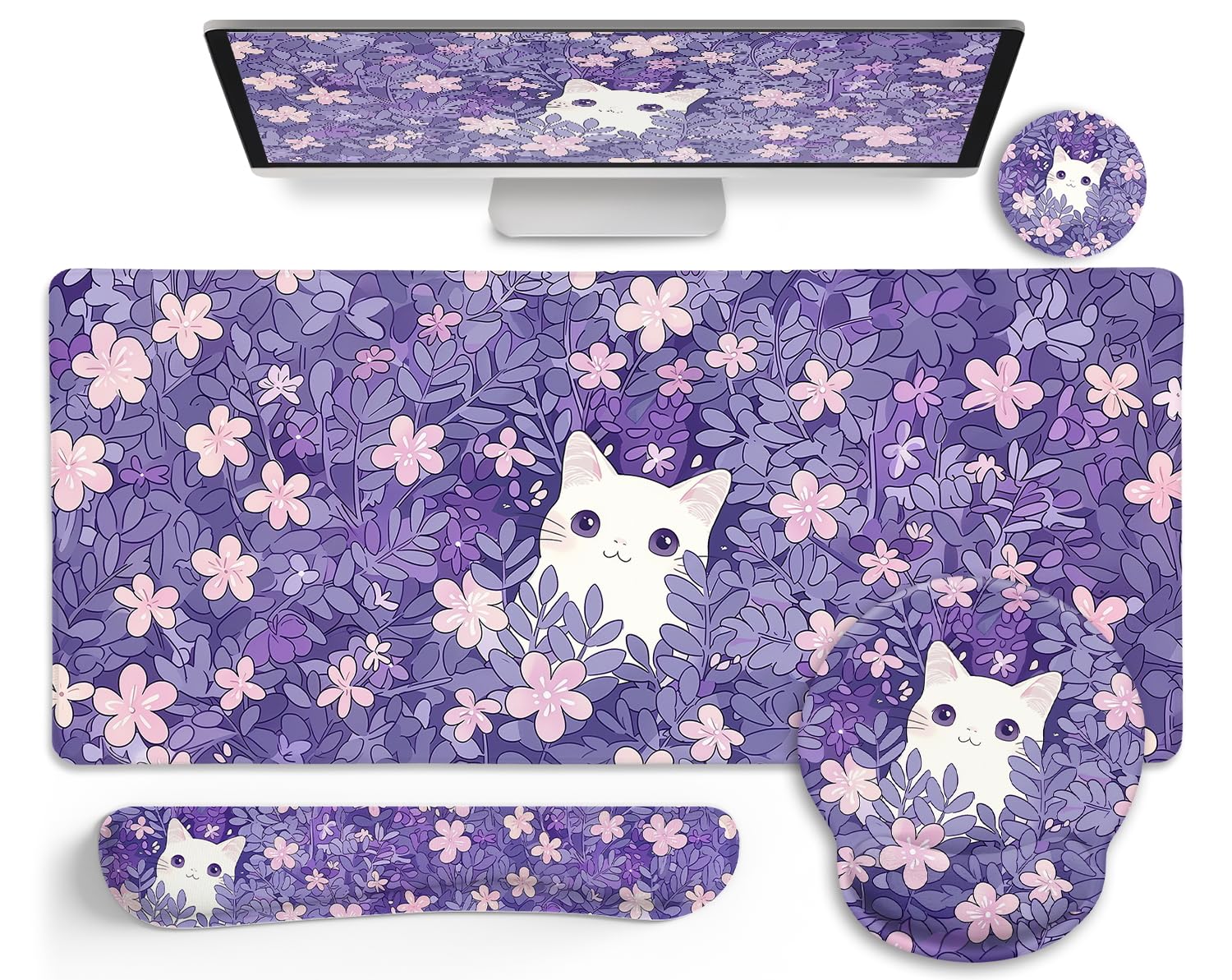 Purple Mouse Pad Large Desk Mat Set, Kawaii Cat Computer Mouse Pad with Wrist Rest Keyboard Wrist Support XXL Mousepad Cup Coaster Set, Cute Purple Office Desk Accessories Cat Decor Supplies