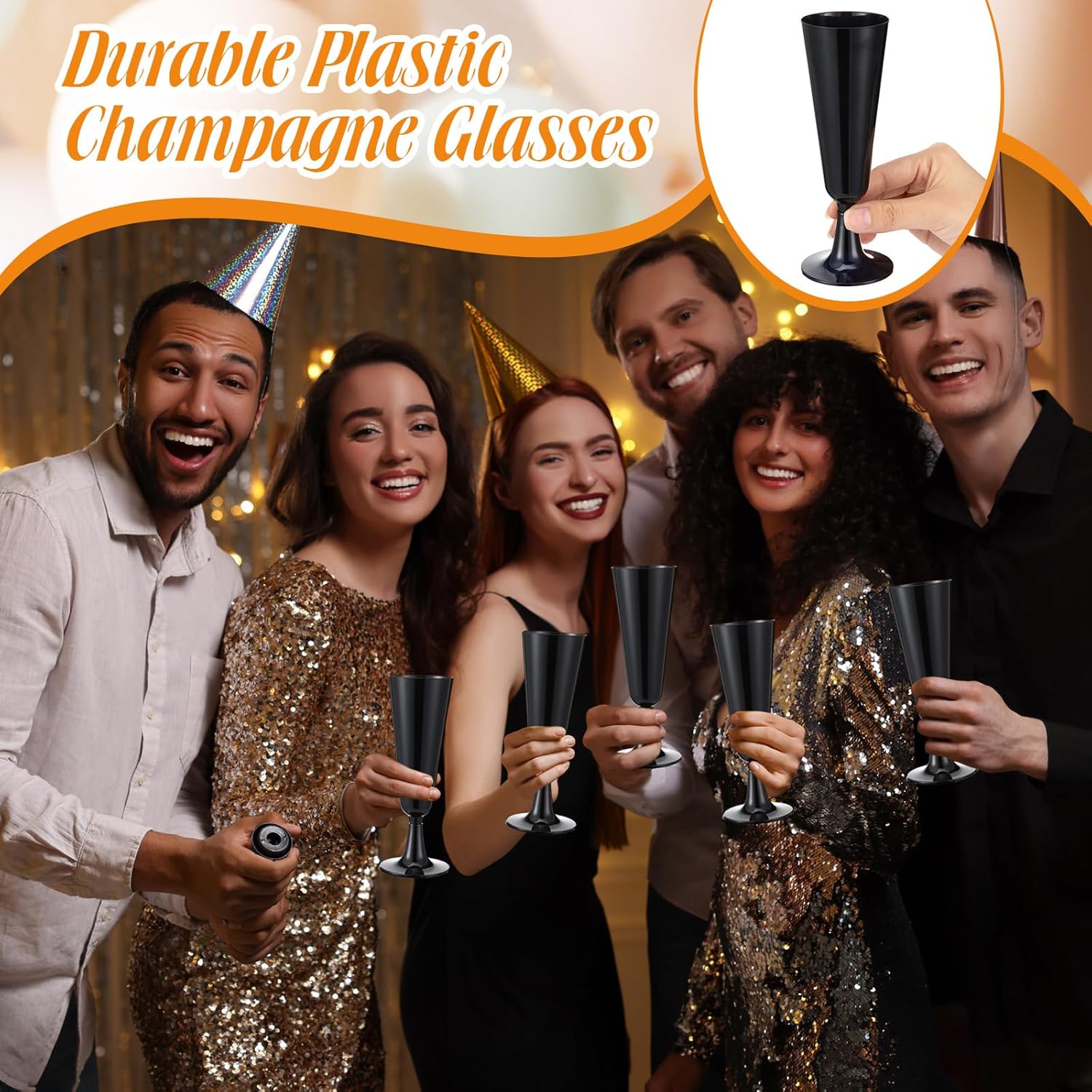 Domensi 200 Pack Black Champagne Flutes Bulk Plastic Disposable Champagne Glasses 5.5 oz Plastic Mimosa Glasses Wedding Cocktail Cups for Engagement Birthday Graduation Decor 2026 Party Supplies
