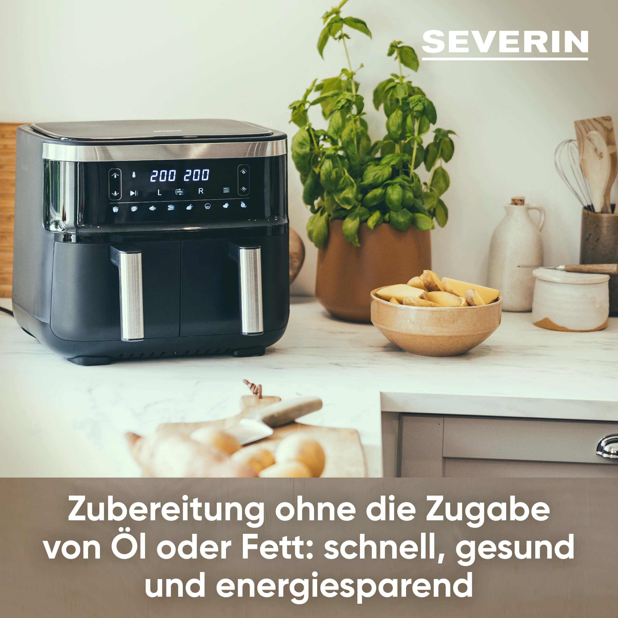SEVERIN Doppel Heißluftfritteuse mit 2 x 3,8 L Garraum, XXL Heißluftfritteuse für gesundes Kochen, 8 Automatik-Programme, Fritteuse ohne Fett mit Dörrfunktion, 2850 W, schwarz/silber, FR 2453