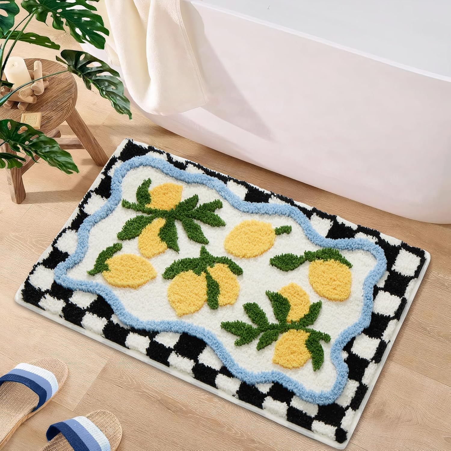 ORTIGIA Checkered Lemon Bath Rug for Bathroom, Cute Bathroom Mat Non Slip Soft Microfiber Absorbent Washable Rug for Laundry Home Decor, 20x32 inch 1'8" x 2'8" Lemon