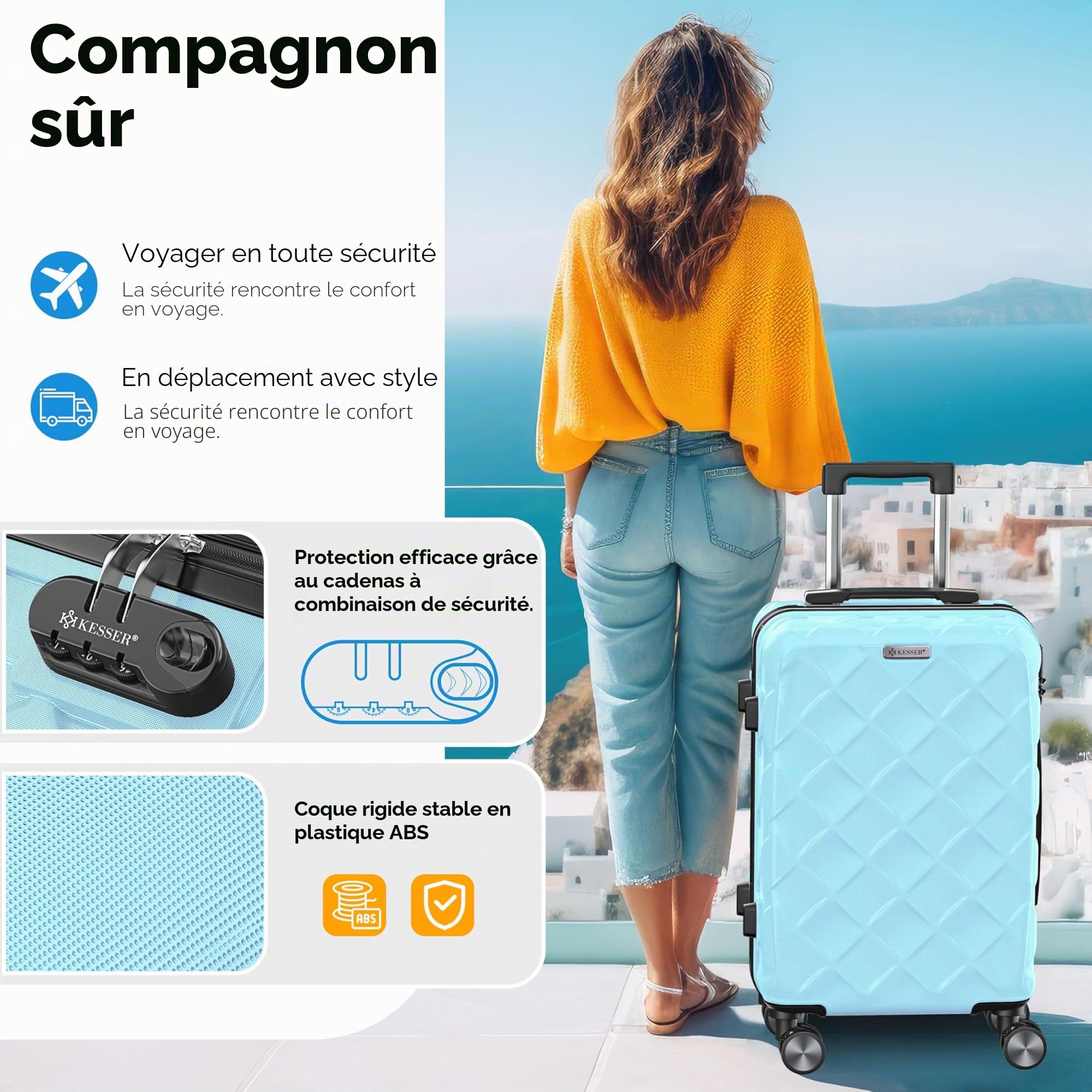 KESSER Lot de 4 valises de voyage - En ABS - Rigide - Avec serrure à combinaison, balance à bagages et portefeuille de voyage - Roulettes à 360 ° - Bagage à main et grande valise pour chariot