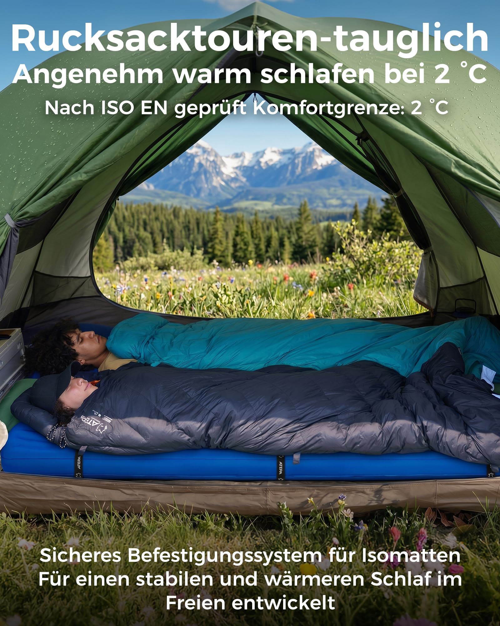 ATEPA Ultraleichter Daunenschlafsack 650/700FP, 3-Jahreszeiten (12°C / 6°C / -1°C), Leicht & Kompakt, Wasserabweisend, Ideal für Camping, Wandern, Trekking & Rucksackreisen, Mit Kompressionssack