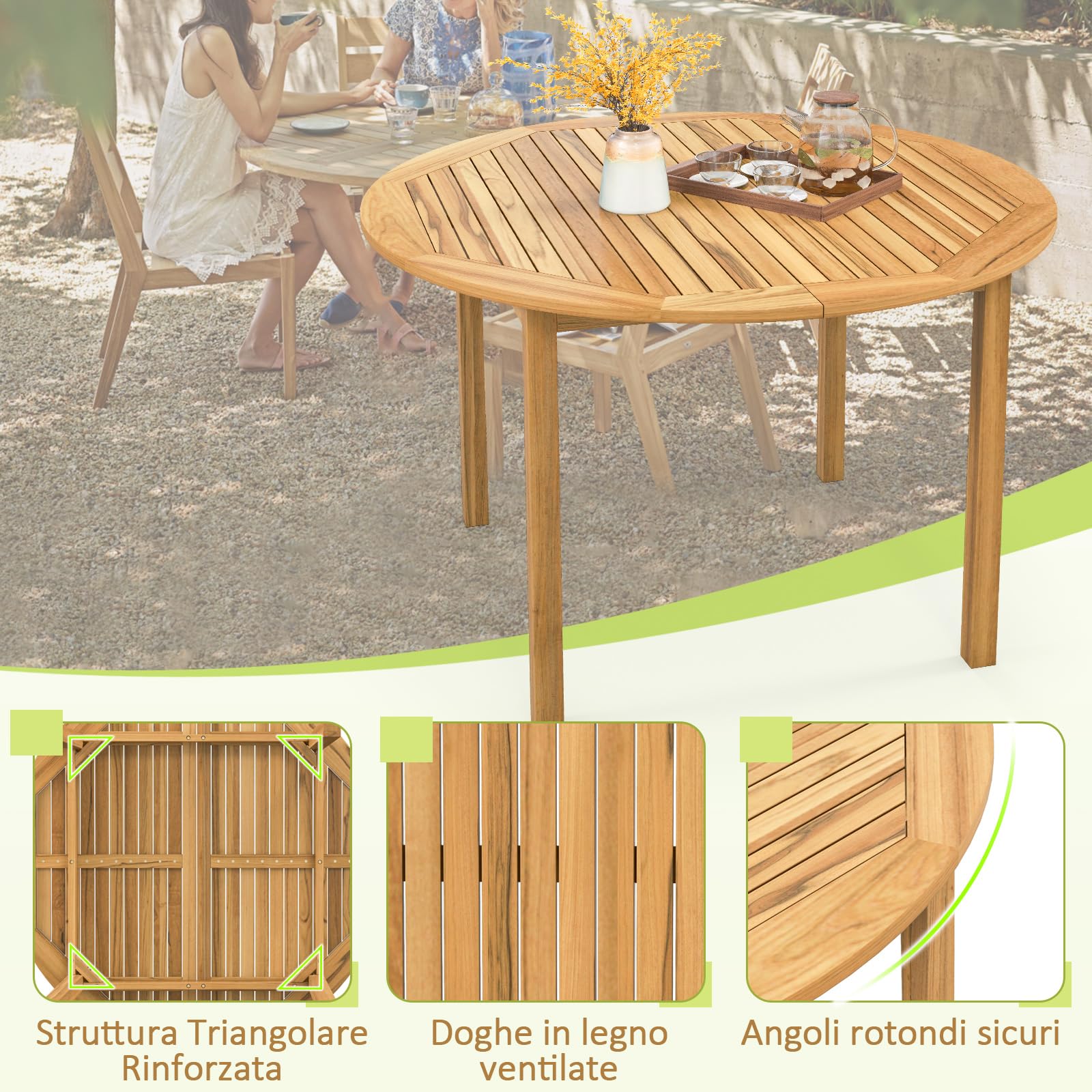 COSTWAY Tavolo da Pranzo Rotondo Giardino, in Legno di Acacia, per 4 Persone, Tavolo Pranzo per Esterno e Interno, Portata 75 kg, 100 x 100 x 75 cm