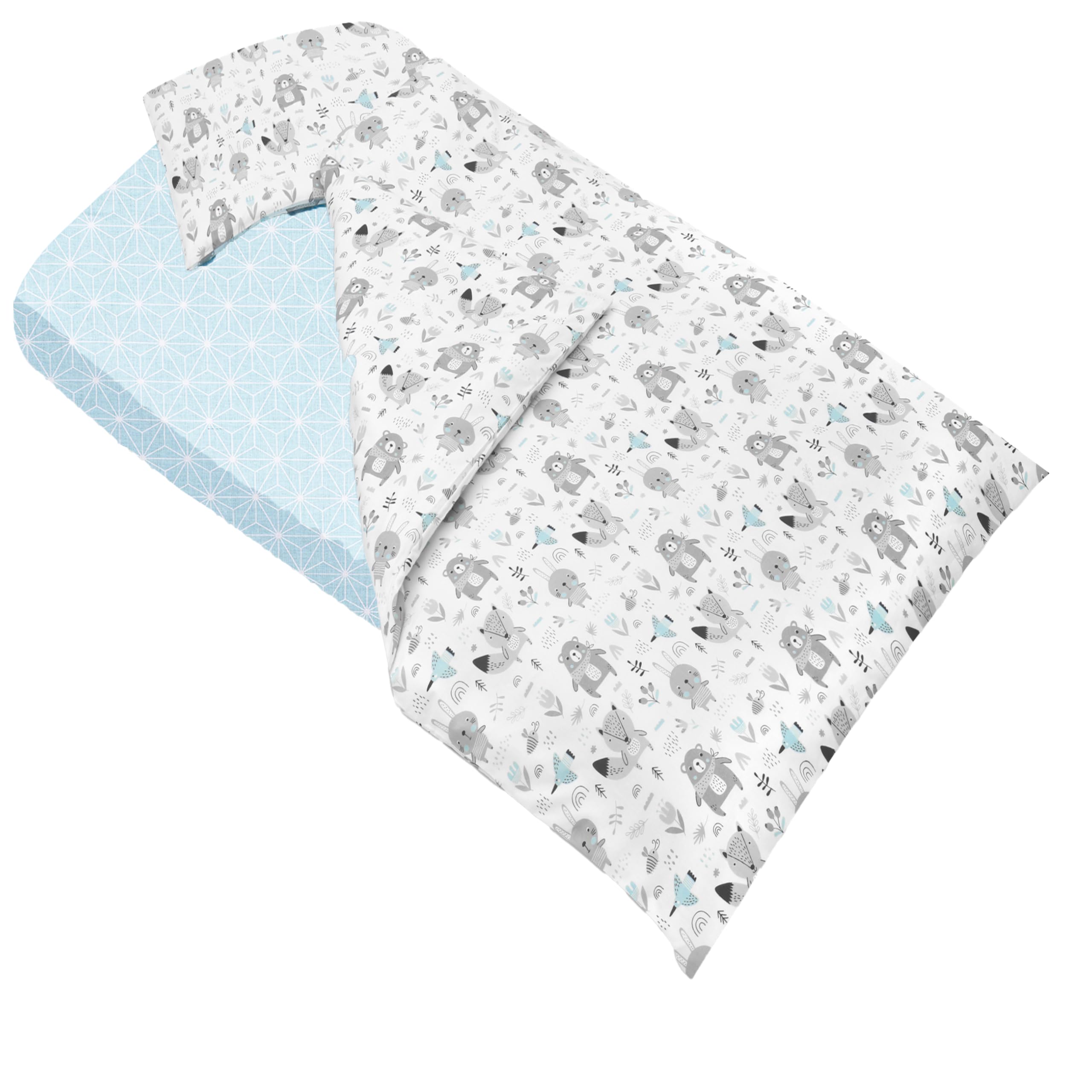 Parure De Lit 5 Pièces 80x160 Cm Enfant - Drap Housse, Housse Couette, Taie Oreiller - Motif Animaux Bleus Mignons