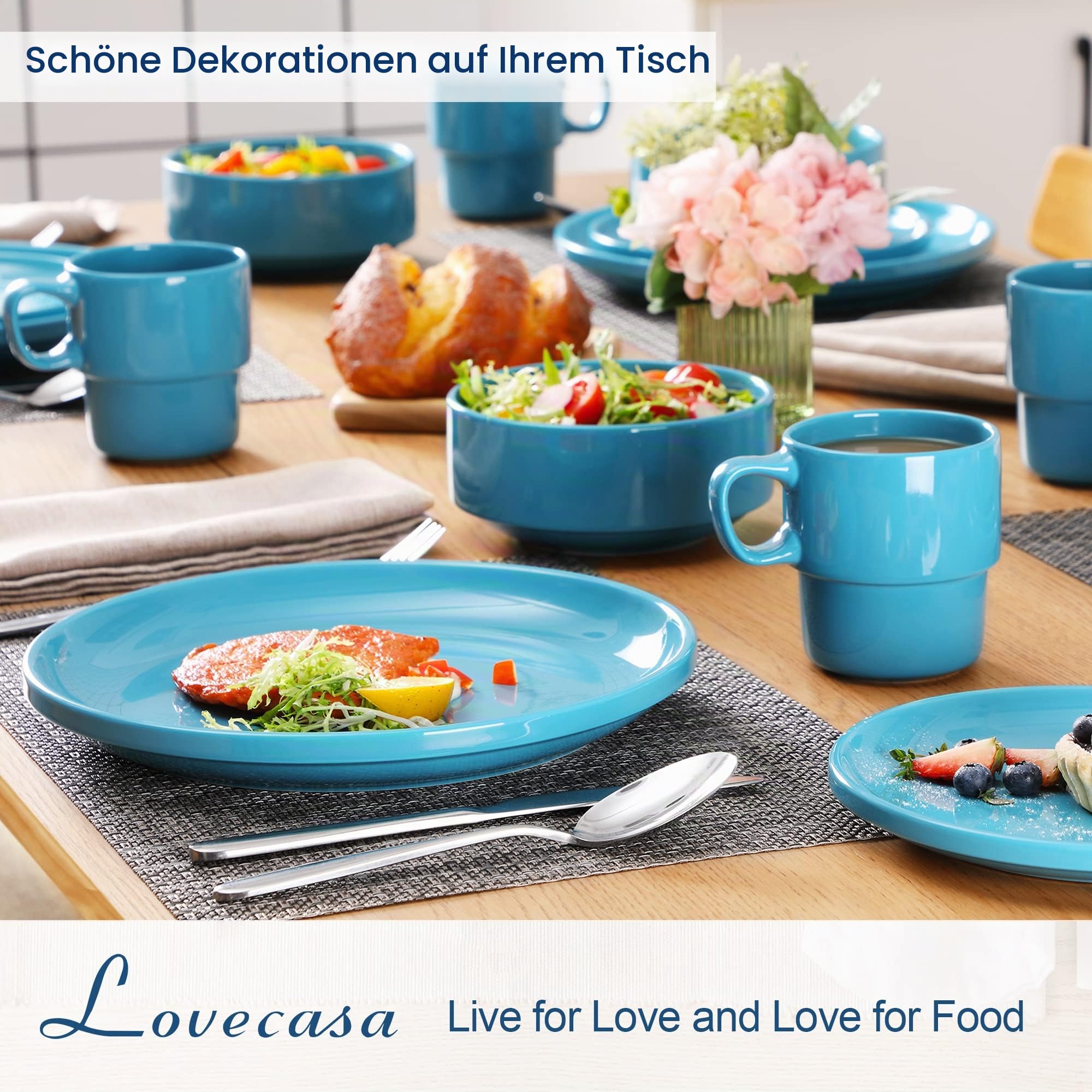 LOVECASA Tafelservice porzellan, 16-teiliges Kombiservice Set, Ess Geschirrset für 4 Personen