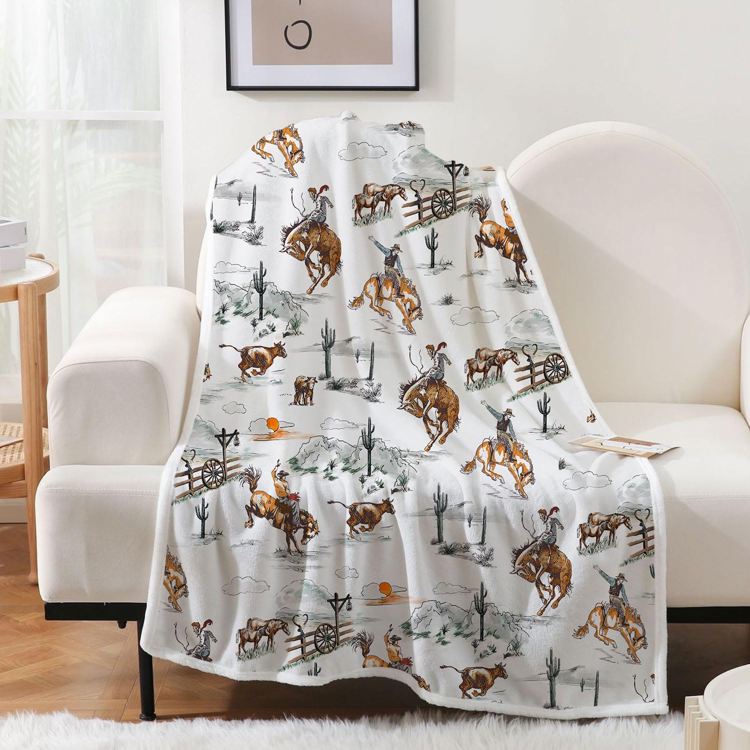 Western Cowboy Throw Blankets, Wild West Cowboy Ride Horse Cactus Flannel Bed Couch Blanket, Farmhouse Country American West Theme White Throws to Decorate The Room and Bedroom - Image 2