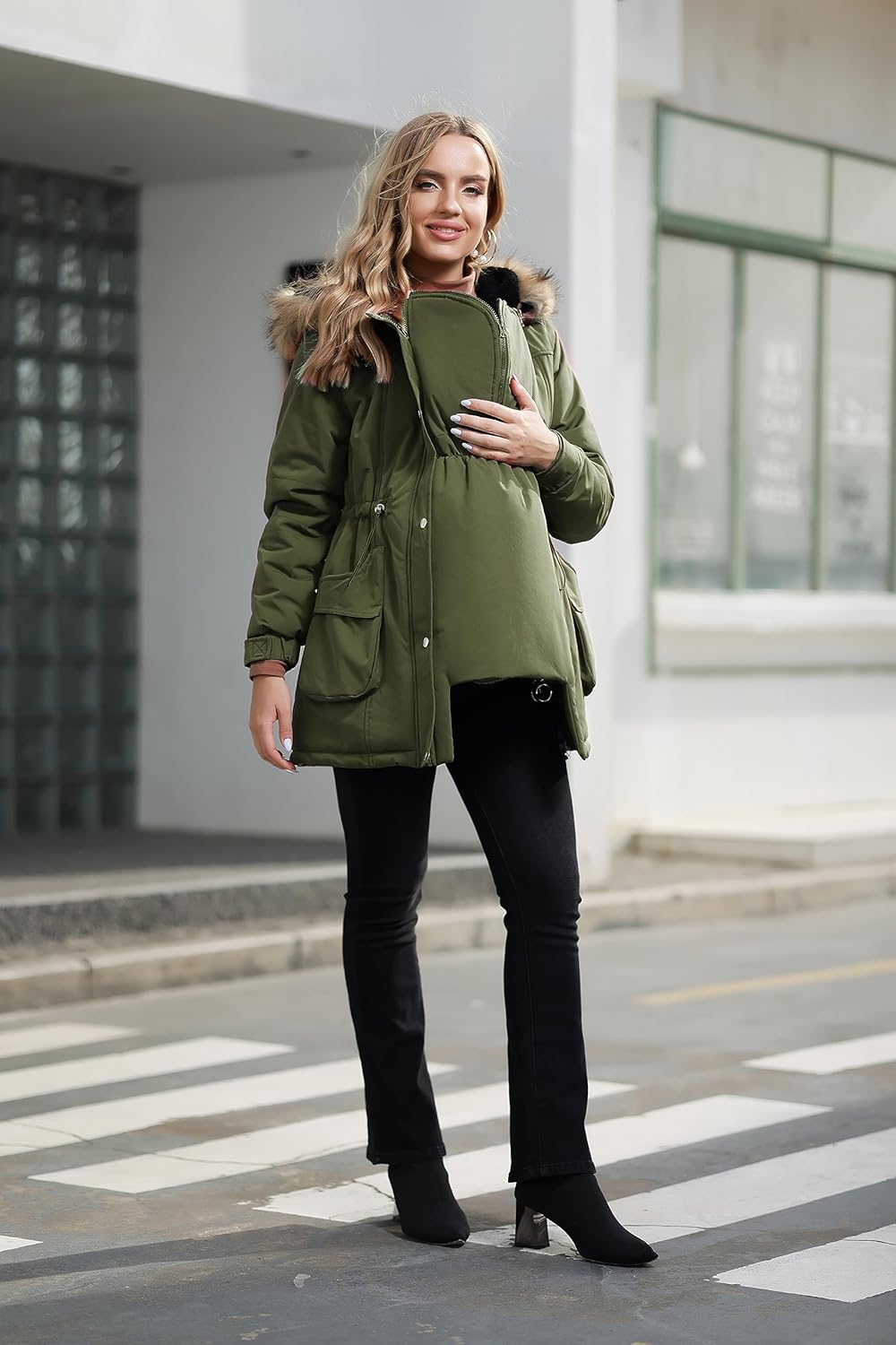 Maacie Maternity Winter Coat,3 In 1 Thickened Jacket,Fleece Lined Warm Hooded Outwear With Pockets - Image 4