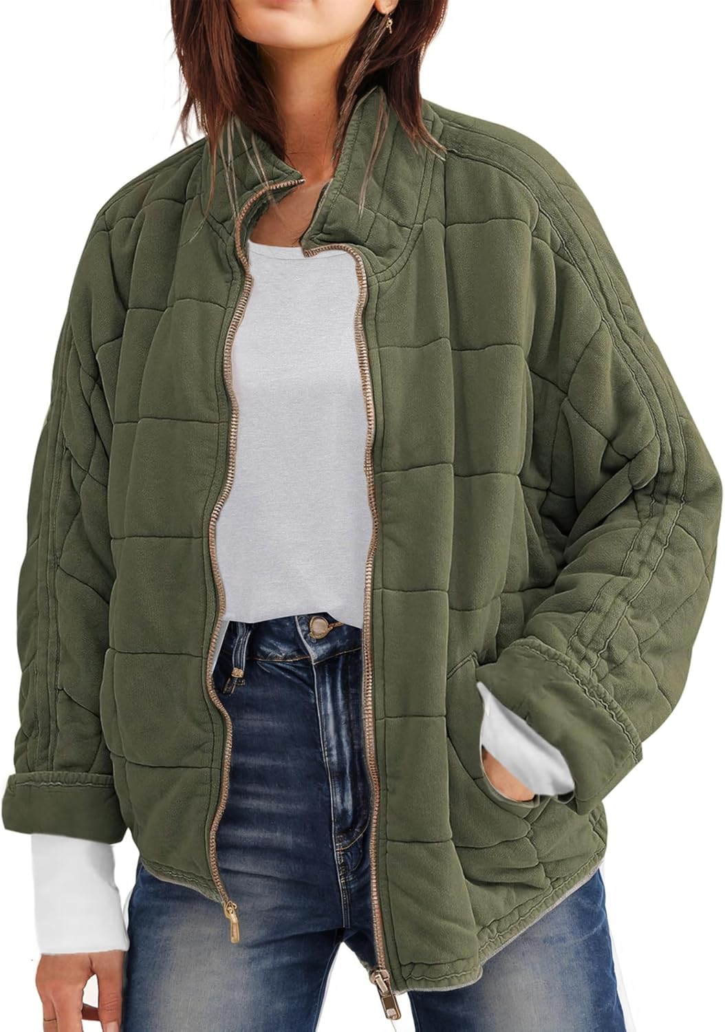 Womens Dolman Quilted Lightweight Jackets Full-zip Stand Collar Loose Warm Winter Outwears with Pockets